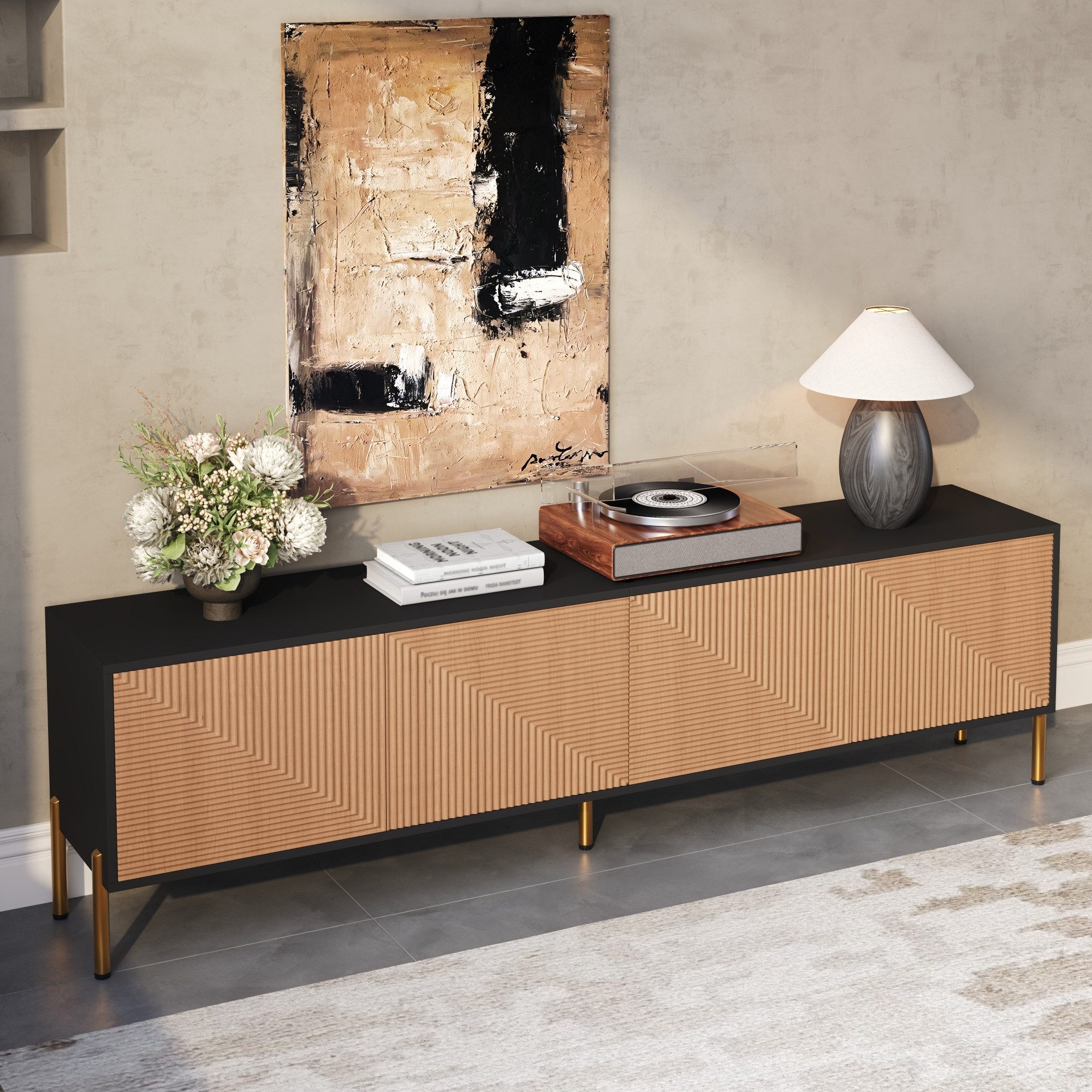 Merax Lowboard mit Farbblock in Schwarz und Gold (1 St., 179 × 35 × 53,5 cm), TV-Schrank mit Strukturfront, Schranktüren, 4 Fächern und Metallbeinen – Bild 4 von 5