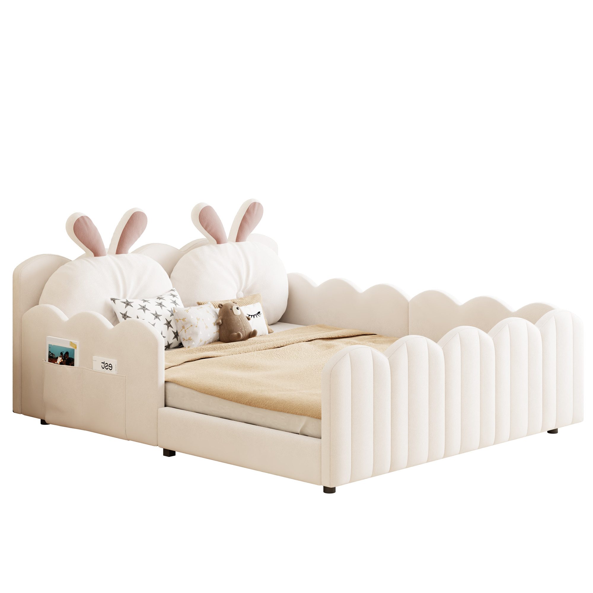 REDOM Kinderbett Plattformbett mit Kissen in Kaninchenform (Gepolstertes Plattformbett mit Kaninchenkissen & Sicherheitsgeländern., 1-tlg., 140x200), mit Kissen in Kaninchenform