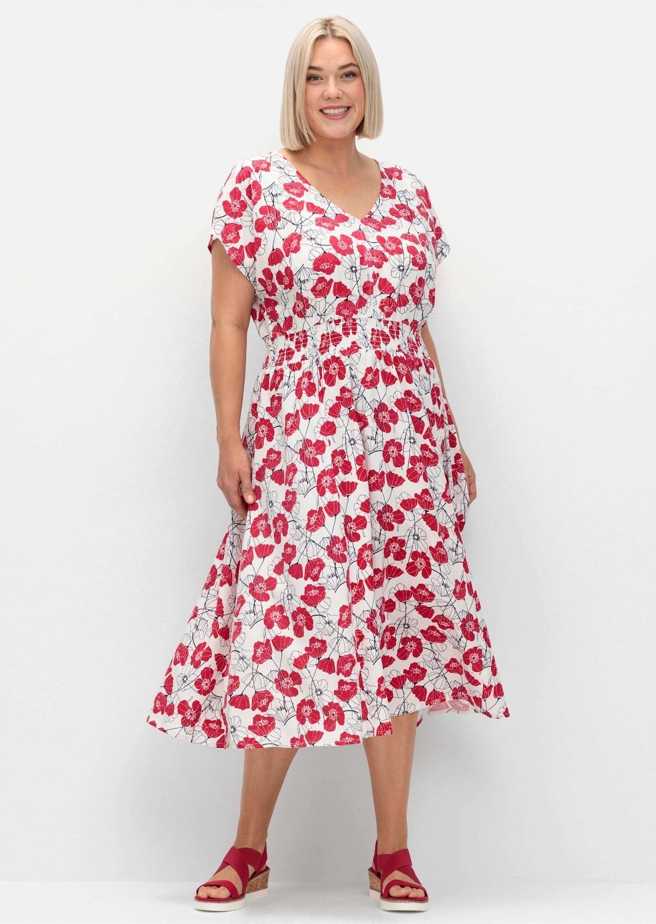 Sheego Etuikleid Druckkleid Kurzarm mit Minimalprint und Smokbund günstig online kaufen