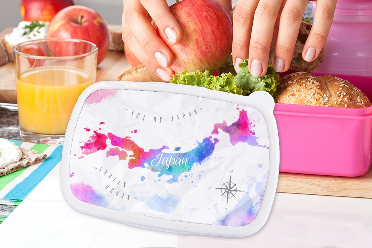 Erwachsene, - Japan, Snackbox, Mädchen, Kunststoff (2-tlg), Brotdose Weltkarte MuchoWow für Farben rosa Kinder, Brotbox Kunststoff, Lunchbox -