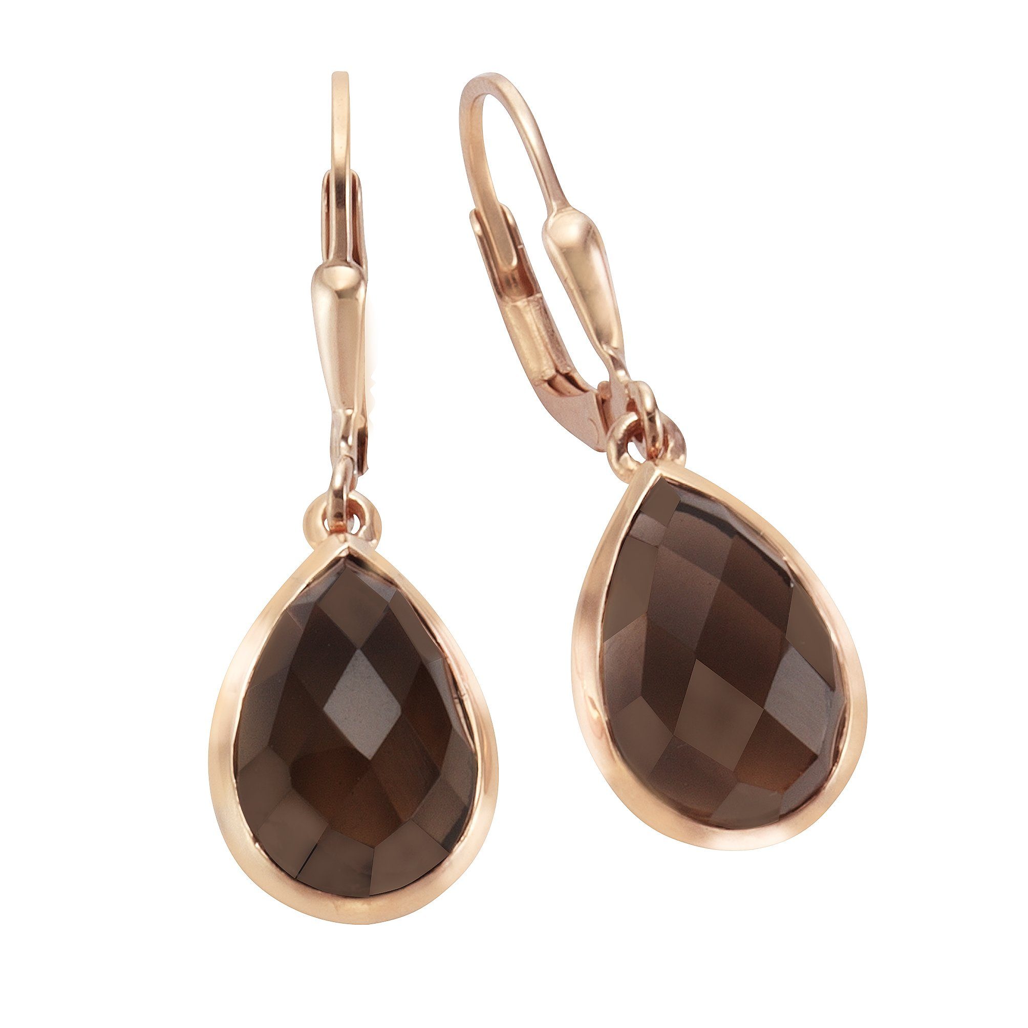 Jamelli Paar Ohrhänger Silber 925 rosé-vergoldet mit echten Rauchquarz-Tropfen