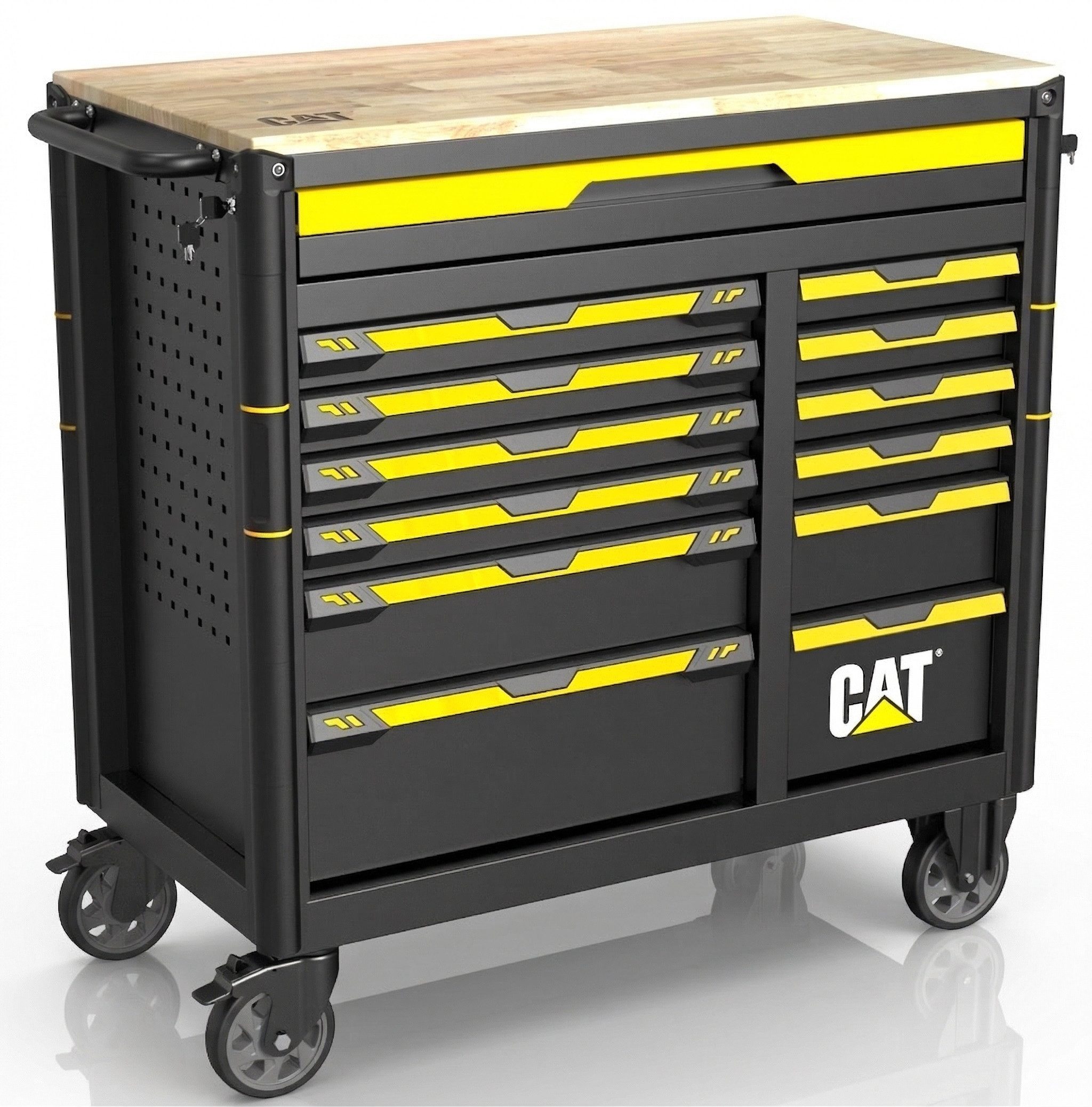 CAT Werkstattwagen Werkzeugwagen 13 Schubladen 10 gefüllt mit Profi-Werkzeug bestückt, KFZ Werkzeugkasten abschließbar, mobiler Werkzeugschrank mit Rollen