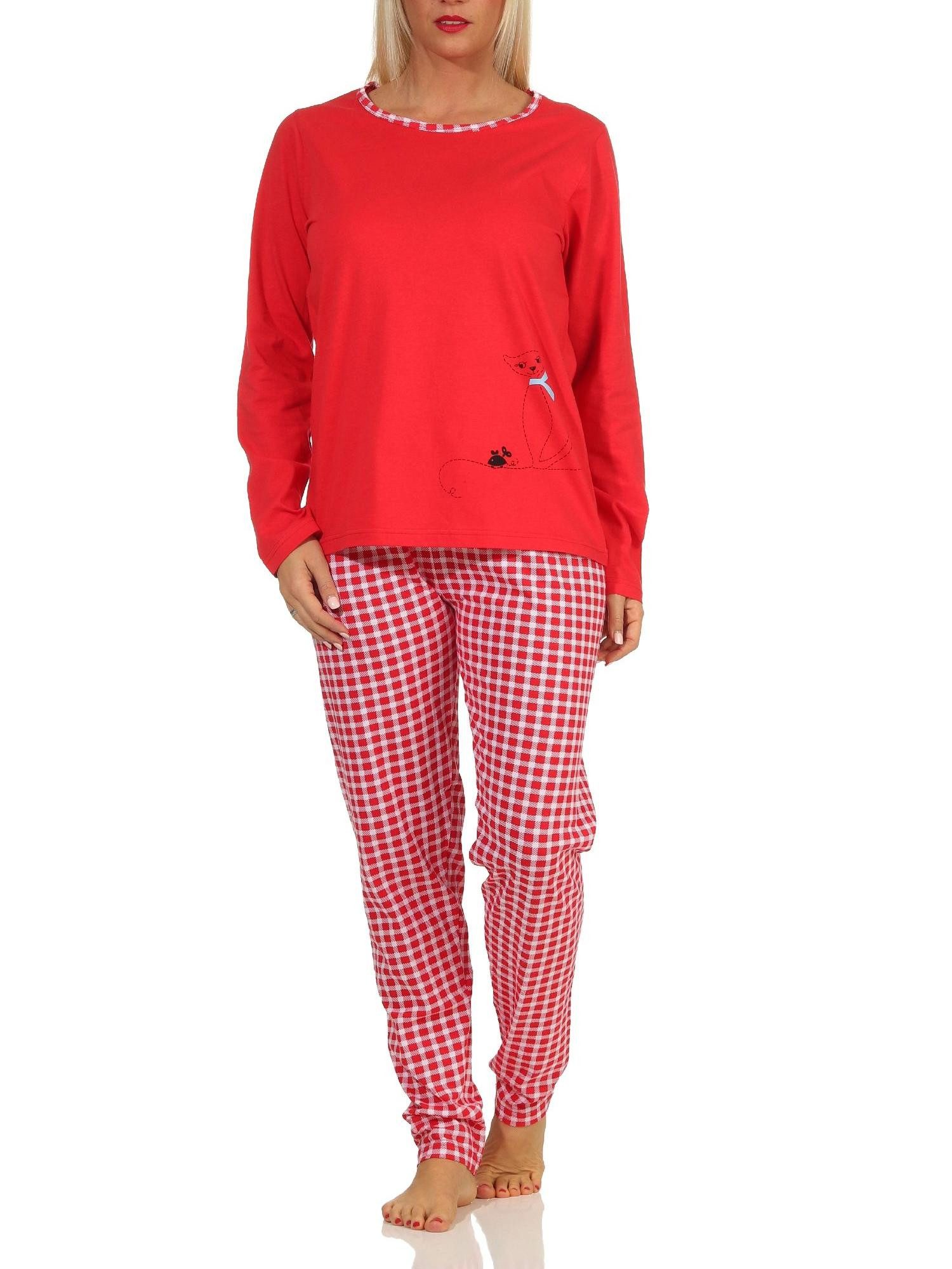 RELAX by Normann Pyjama Damen langarm Schlafanzug süsses Katzen Motiv, Karo Jersey Hose