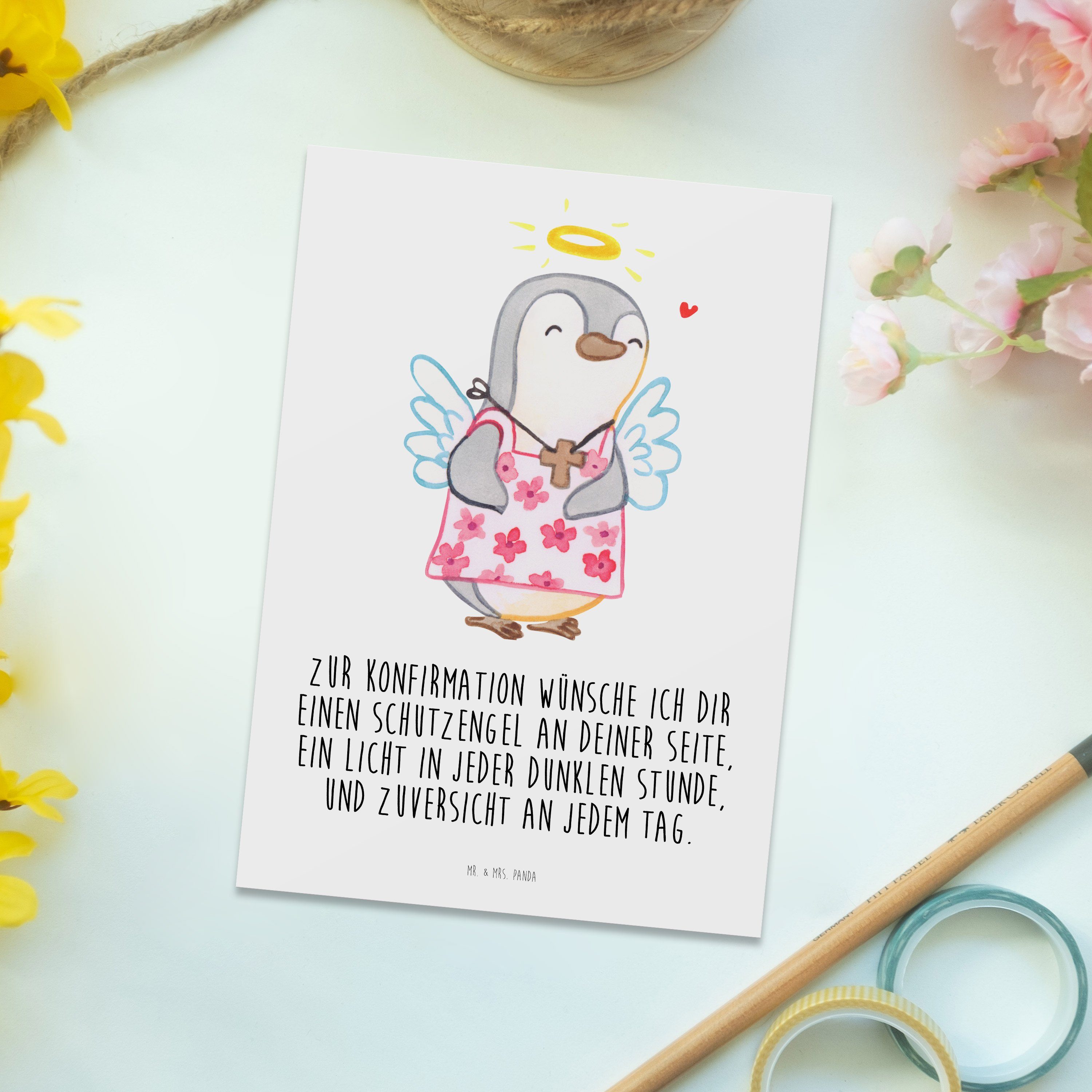 Postkarte Einladungskarte, Pinguin & Geschenk, - Mrs. Konfirmation Panda - Geburtstagsk Weiß Mr.