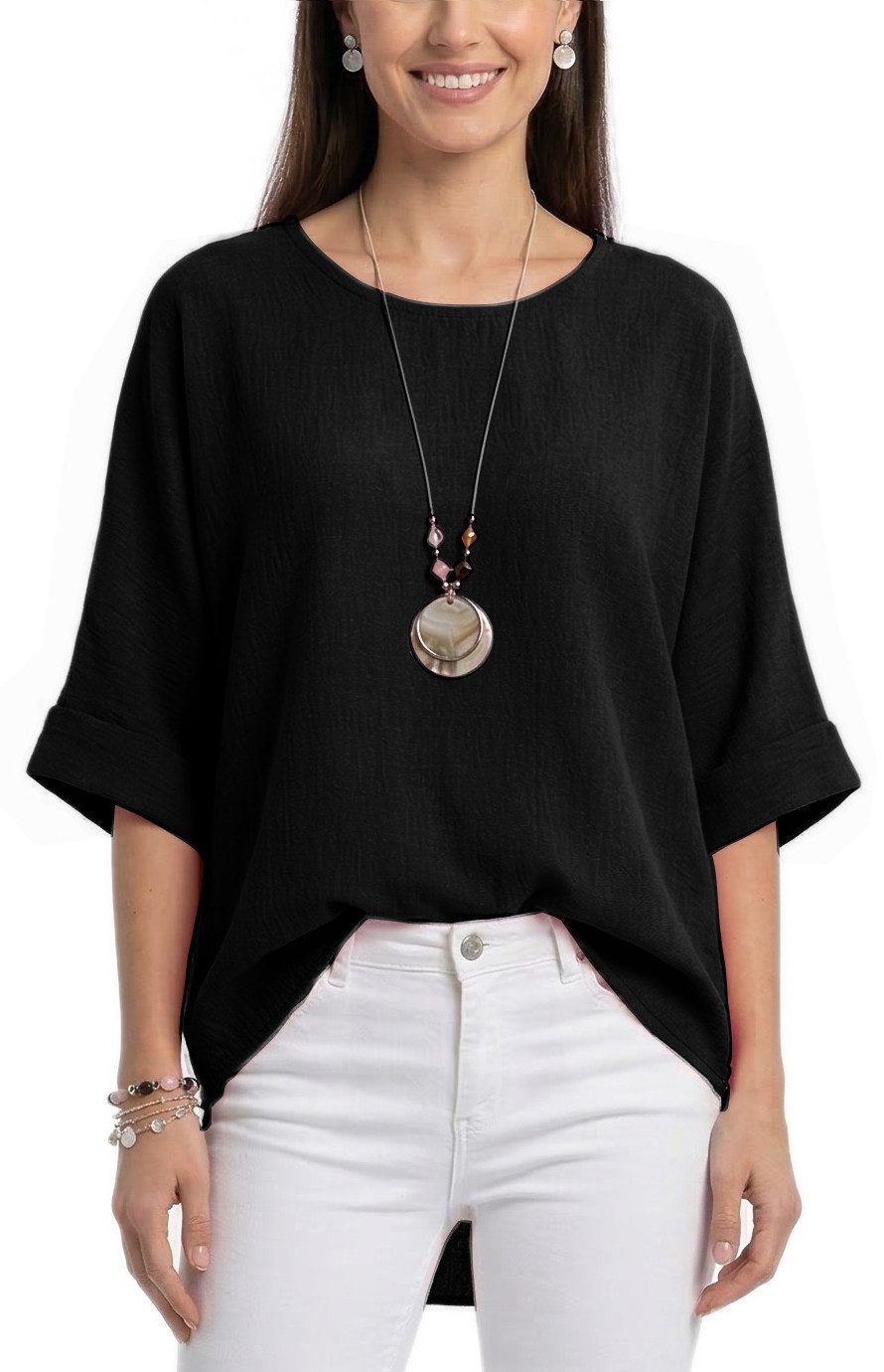 dy_mode Kurzarmbluse Damen Bluse Oversize Tunika Leichte Viskosebluse Oberteil Einfarbig in Unifarbe, High-Low Saum, mit passende Kette