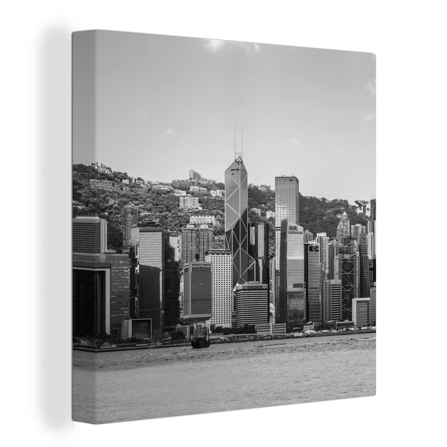 OneMillionCanvasses® Leinwandbild Hongkong - Skyline - Schwarz - Weiß, (1 St), Leinwand Bilder für Wohnzimmer Schlafzimmer