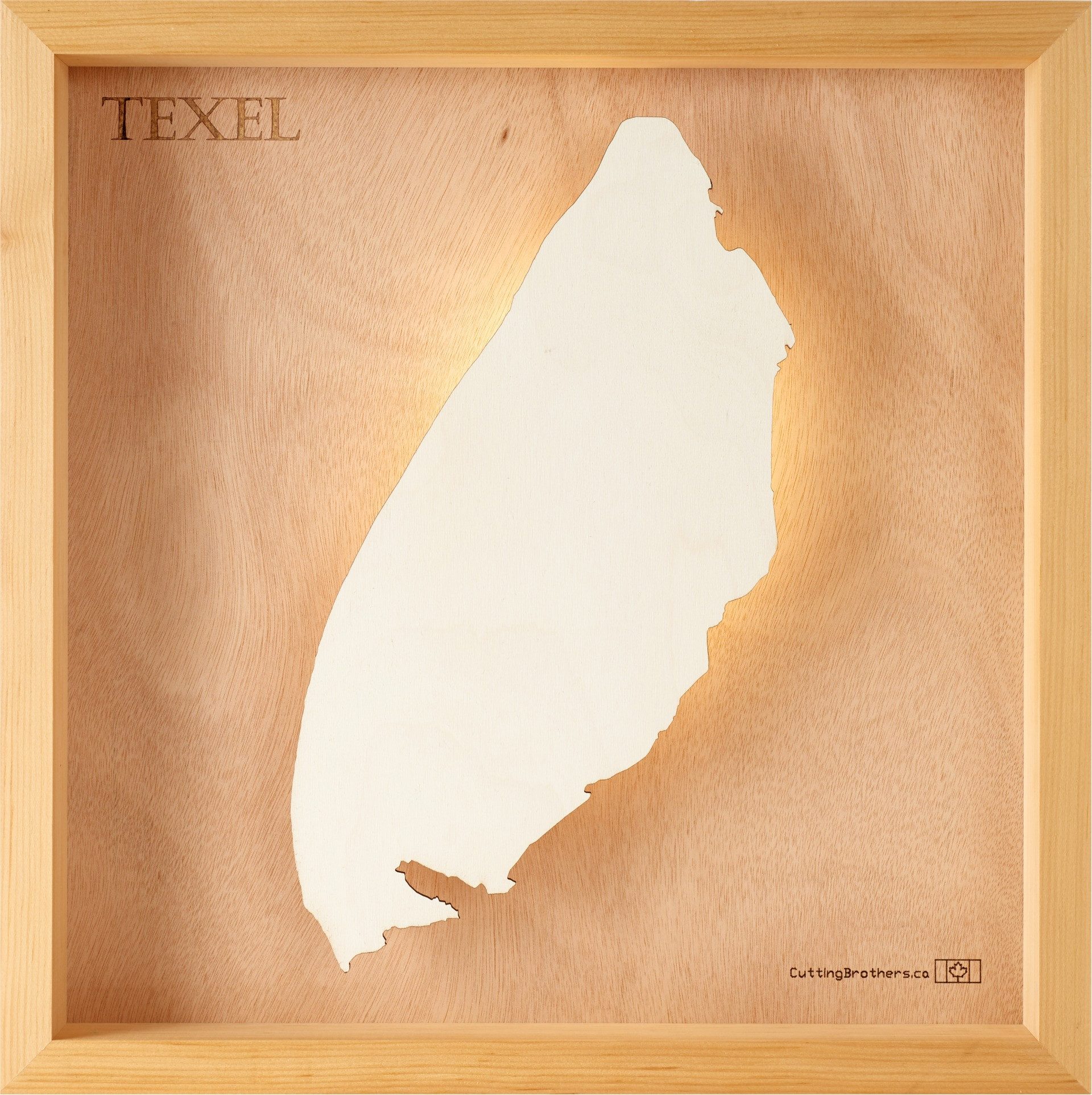 Cutting Brothers LED-Bild Texel 35x35 cm, LED-Holz-Wandkarte, mit indirekter Beleuchtung, handgefertigt aus Echtholz