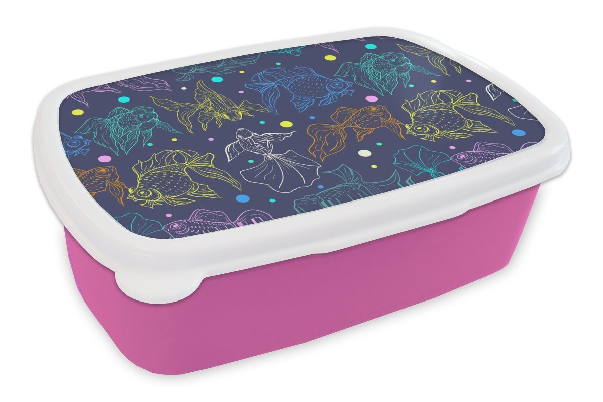 MuchoWow Lunchbox Neon - Fisch - Pastell - Muster, Kunststoff, (2-tlg), Brotbox für Erwachsene, Brotdose Kinder, Snackbox, Mädchen, Kunststoff rosa
