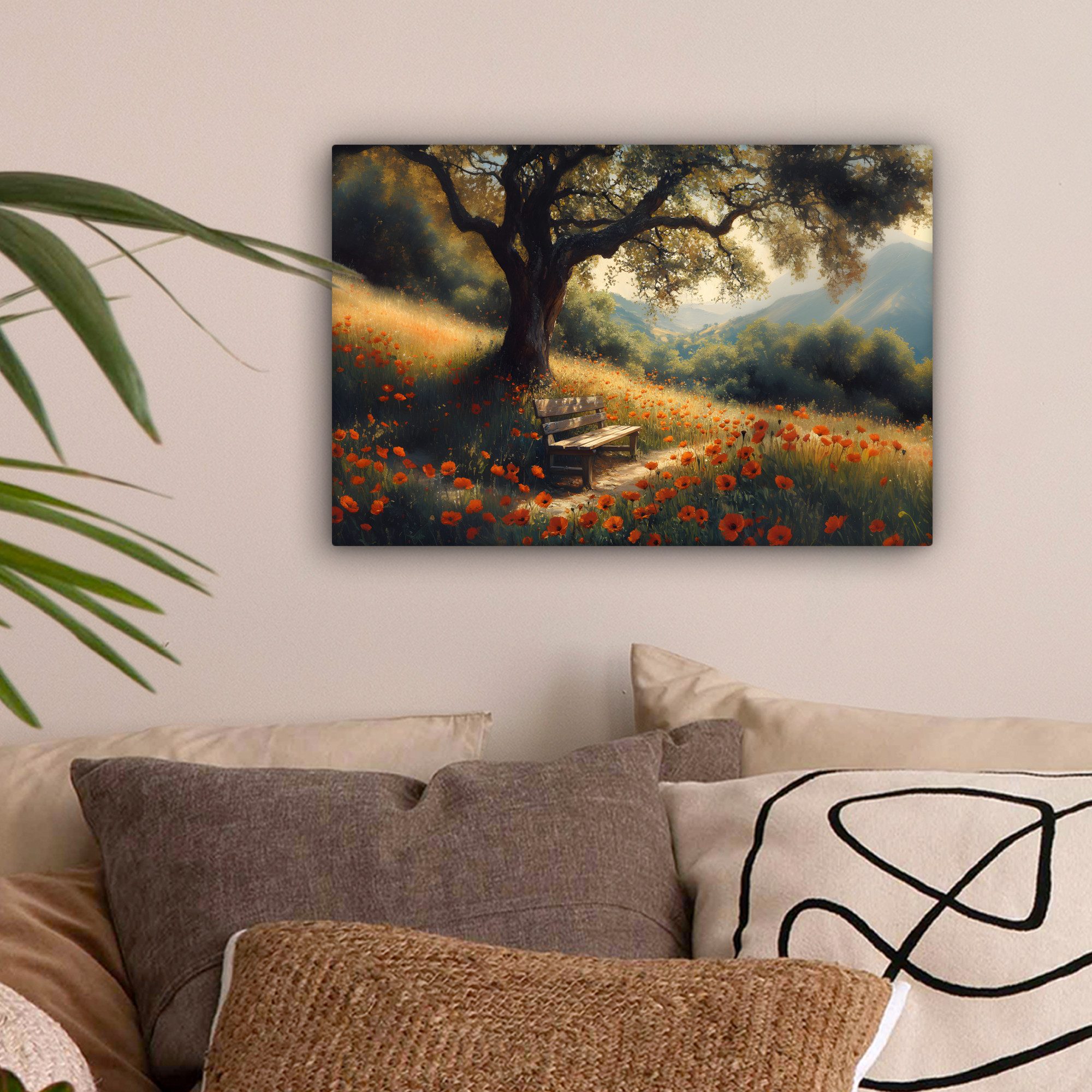 OneMillionCanvasses® Leinwandbild Bank - Baum - Mohnblumen - Hügel, Fotodru günstig online kaufen