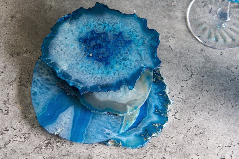 Set, Glasuntersetzer Edelstein COASTER blau, · · Unikat Quarz · · riess-ambiente · Wohnzimmer Handmade Achat · rund 4-tlg., 11cm