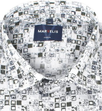 MARVELIS Langarmhemd Freizeithemd - Casual Fit - Langarm - Muster - Weiß/Olive/Blau