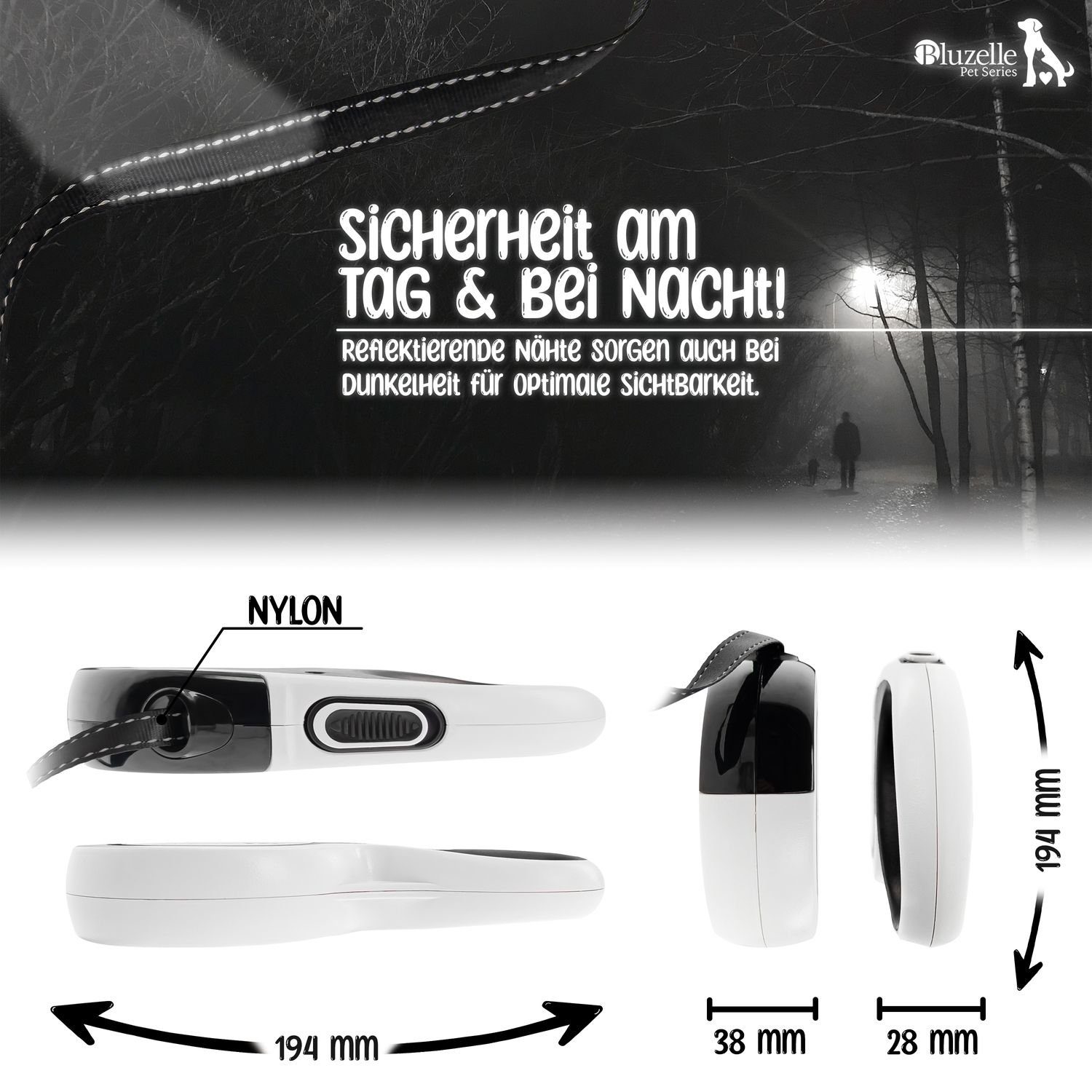 Bluzelle Rollleine, ABS Kunststoff, Nylon, Mittlere & Große Hunde bis 50kg / Reflektor-Gurt / Einhand-Bremssystem