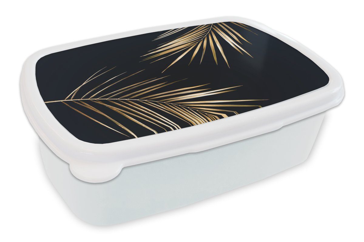 MuchoWow Lunchbox Blätter - Pflanzen - Gold - Schwarz - Luxus, Kunststoff, (2-tlg), Brotbox für Kinder und Erwachsene, Brotdose, für Jungs und Mädchen weiß