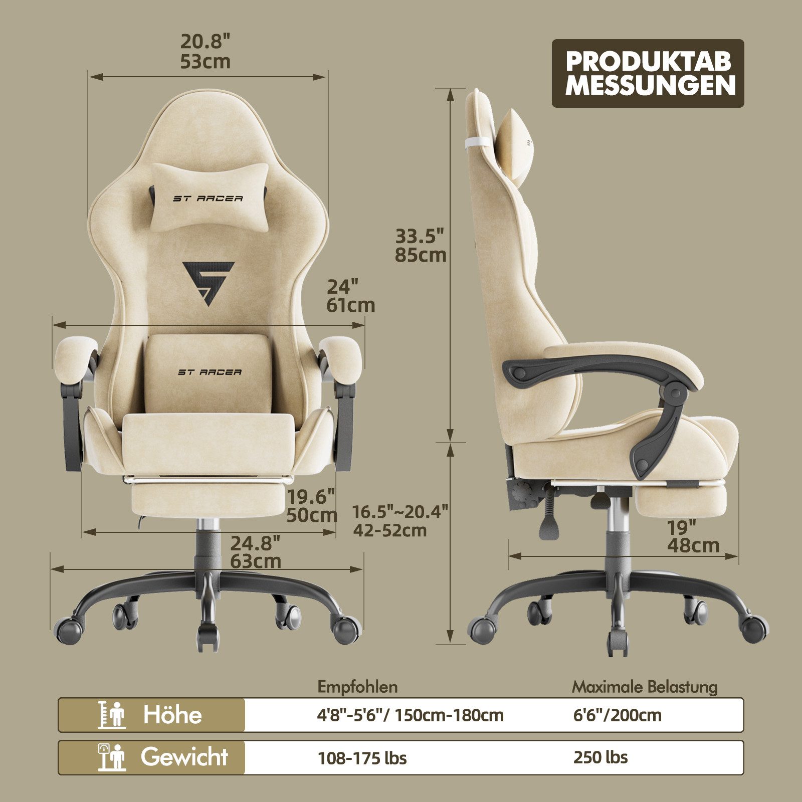 Ferghana Gaming-Stuhl Gaming-Stuhl: Kopfstütze, Lendenkissen, Armlehnen, Fußstütze (Packung), Ergonomischer PC-Stuhl,Rückenlehne 90°-125° – Bild 3 von 5