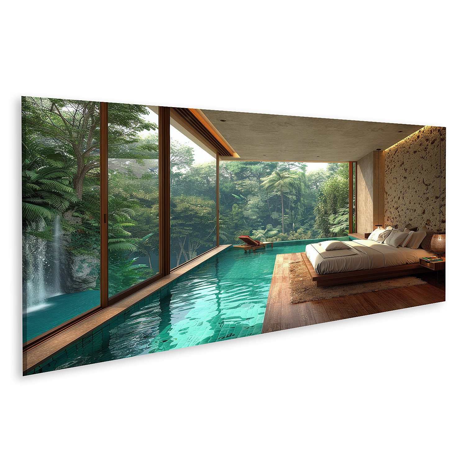 islandburner Leinwandbild Schlafzimmer mit zentralem Pool im Mittelpunkt für einzigartiges