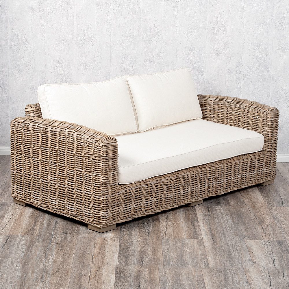 LebensWohnArt Sofa Gemütliches 2-Sitzer Lounge Sofa LIVING Rattan in Grey ca.180cm