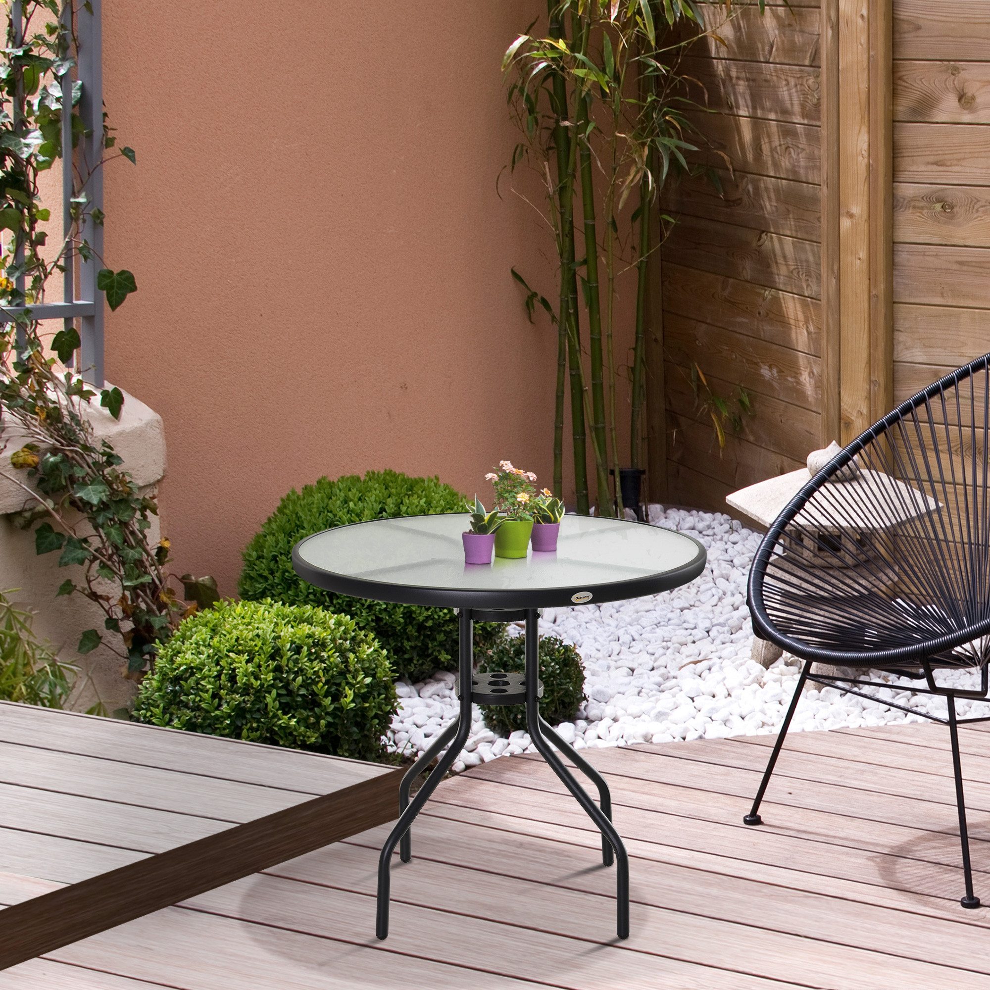 Outsunny Gartentisch Balkontisch Garten mit Schirmloch Hartglas + Metall Schwarz