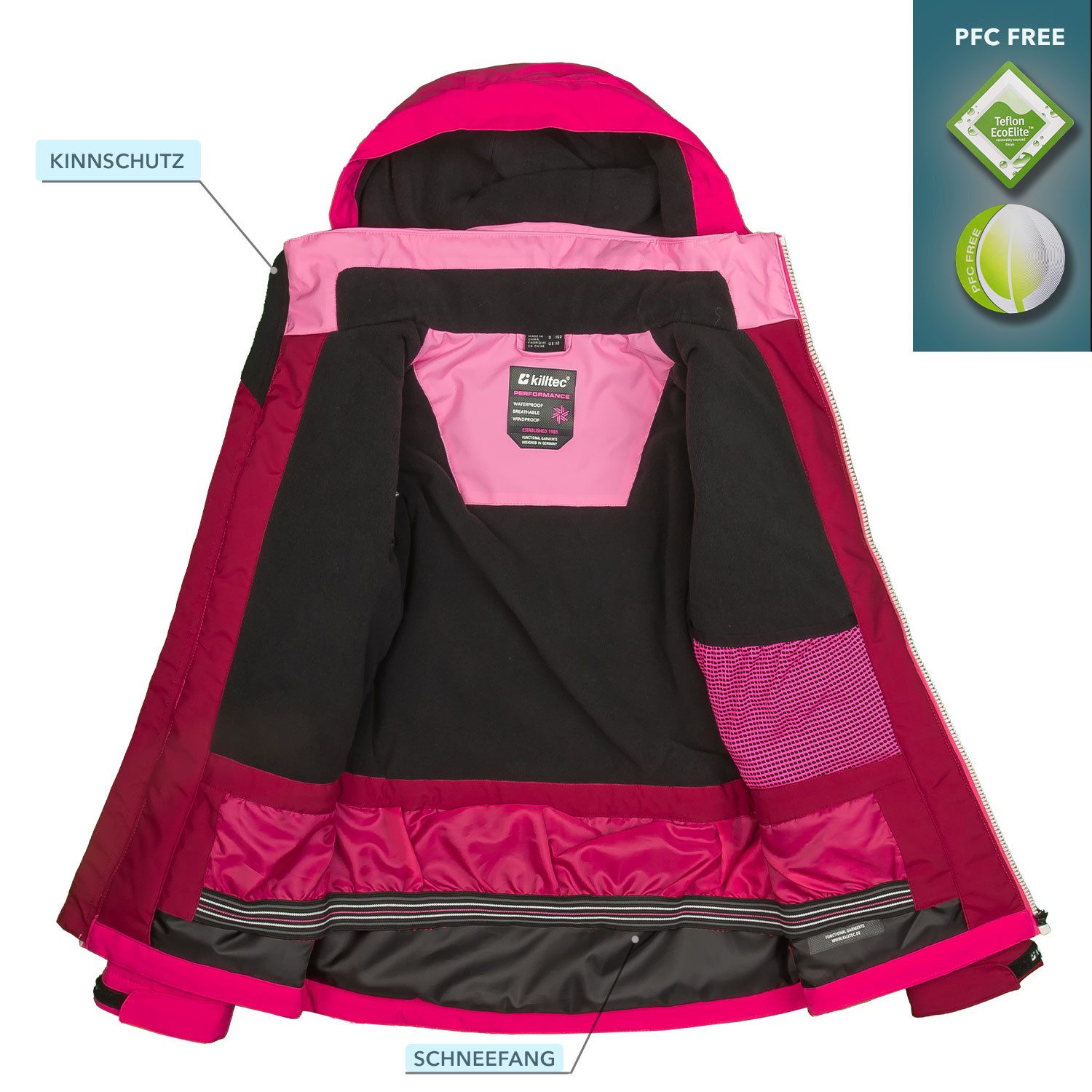 Killtec Skianzug Mädchen Skijacke bordeaux rosa + Skihose weinrot, geschweißte Nähte