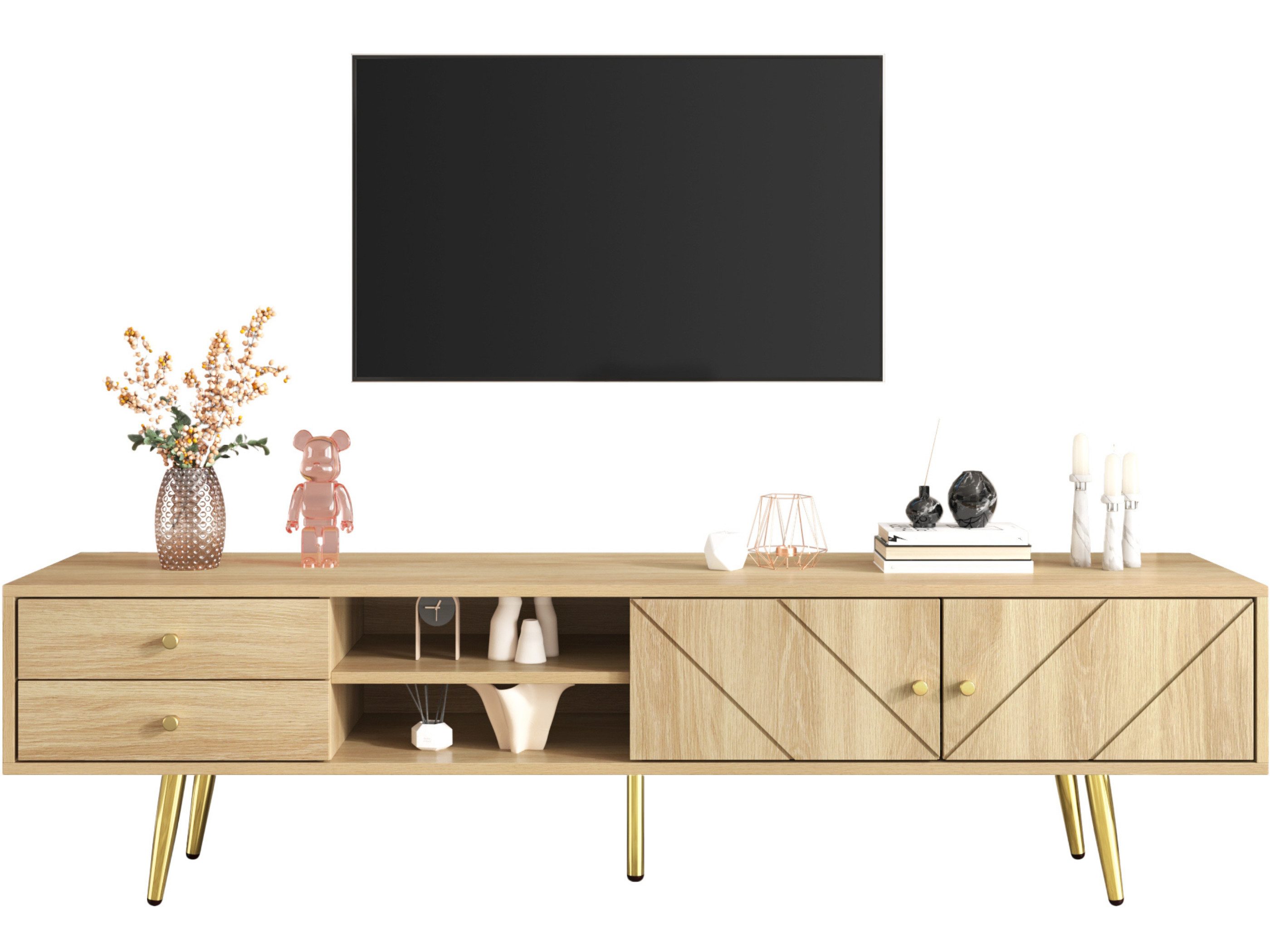 SeedWave Lowboard Moderner TV-Schrank mit 2 Türen, 2 Offenen Fächern, 2 Schubladen, Großzügiger Stauraum, goldene Metallfüße