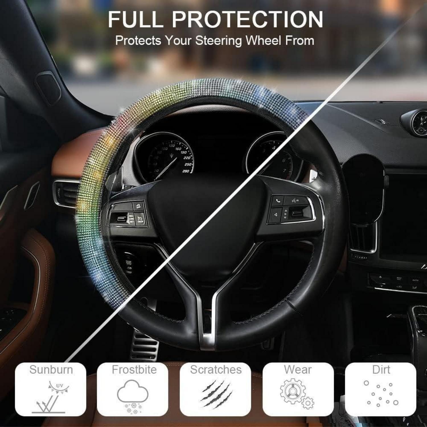 Luxury Collection Car Floor Mat Steering Wheel Cover Glitter Universal Car Rhinestones Women Colorful