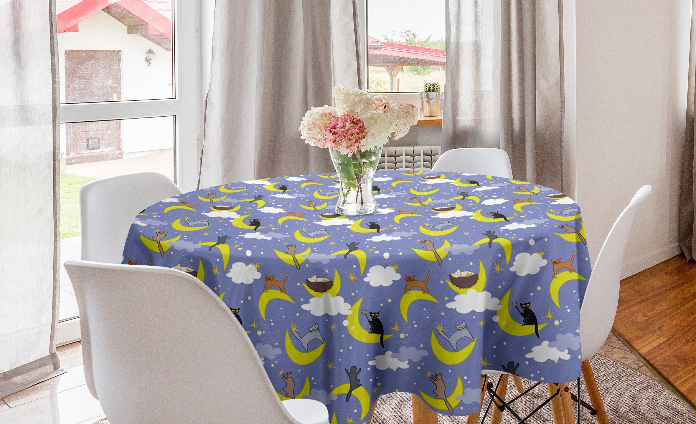 Abdeckung Tischdecke Kreis Küche Halbmonde Abakuhaus Tischdecke Esszimmer auf Nacht Dekoration, dem Himmel Katzen für