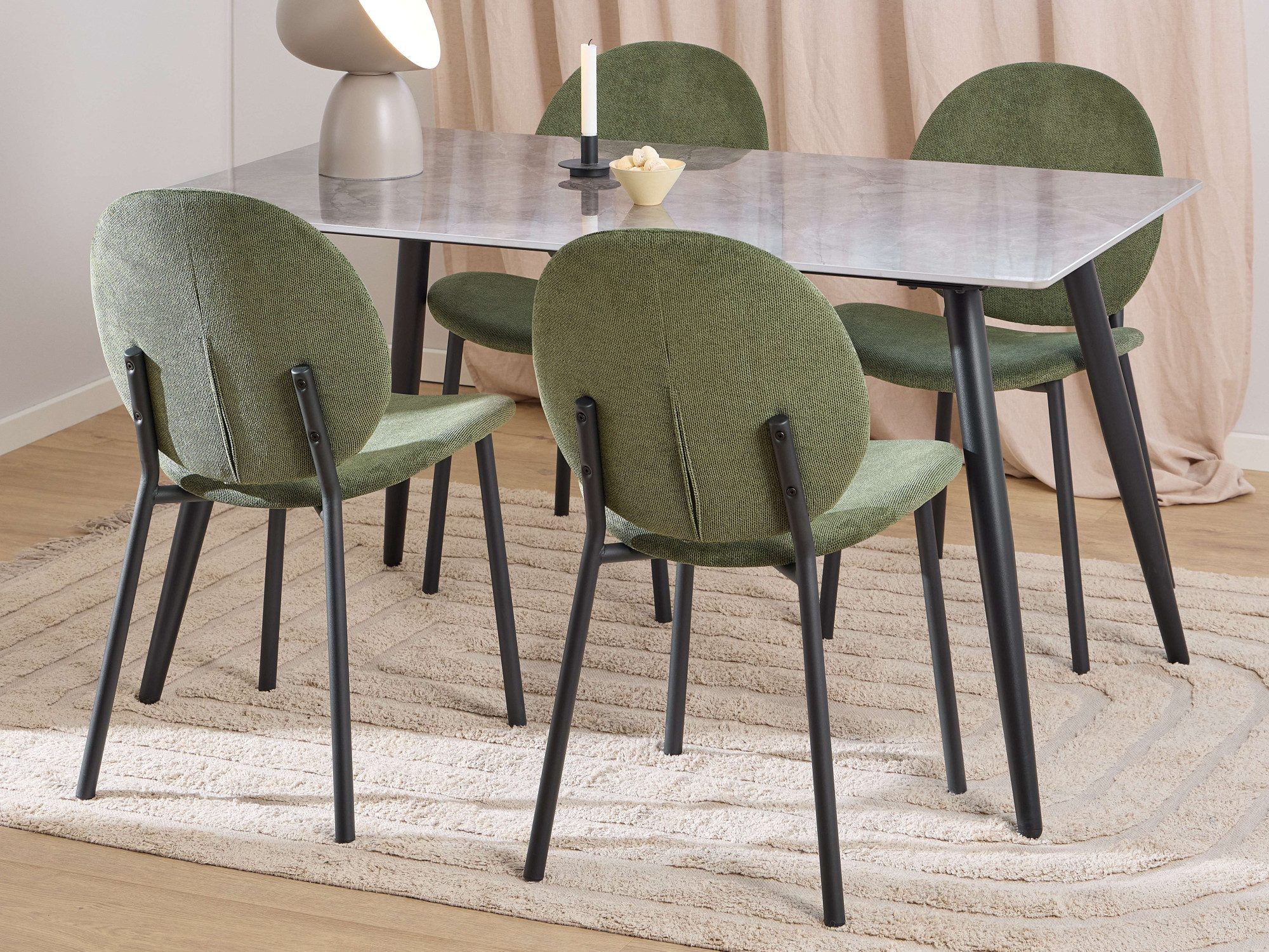 ACTONA GROUP Esszimmer-Set Essgruppe, Speisetisch mit Stühlen, (Komplett-Set, 5-St., 1x Tisch + 4x Stühle), Rechteckig Esstisch + 4x Stühle, grau keramik, waldgrün,140x80x75cm
