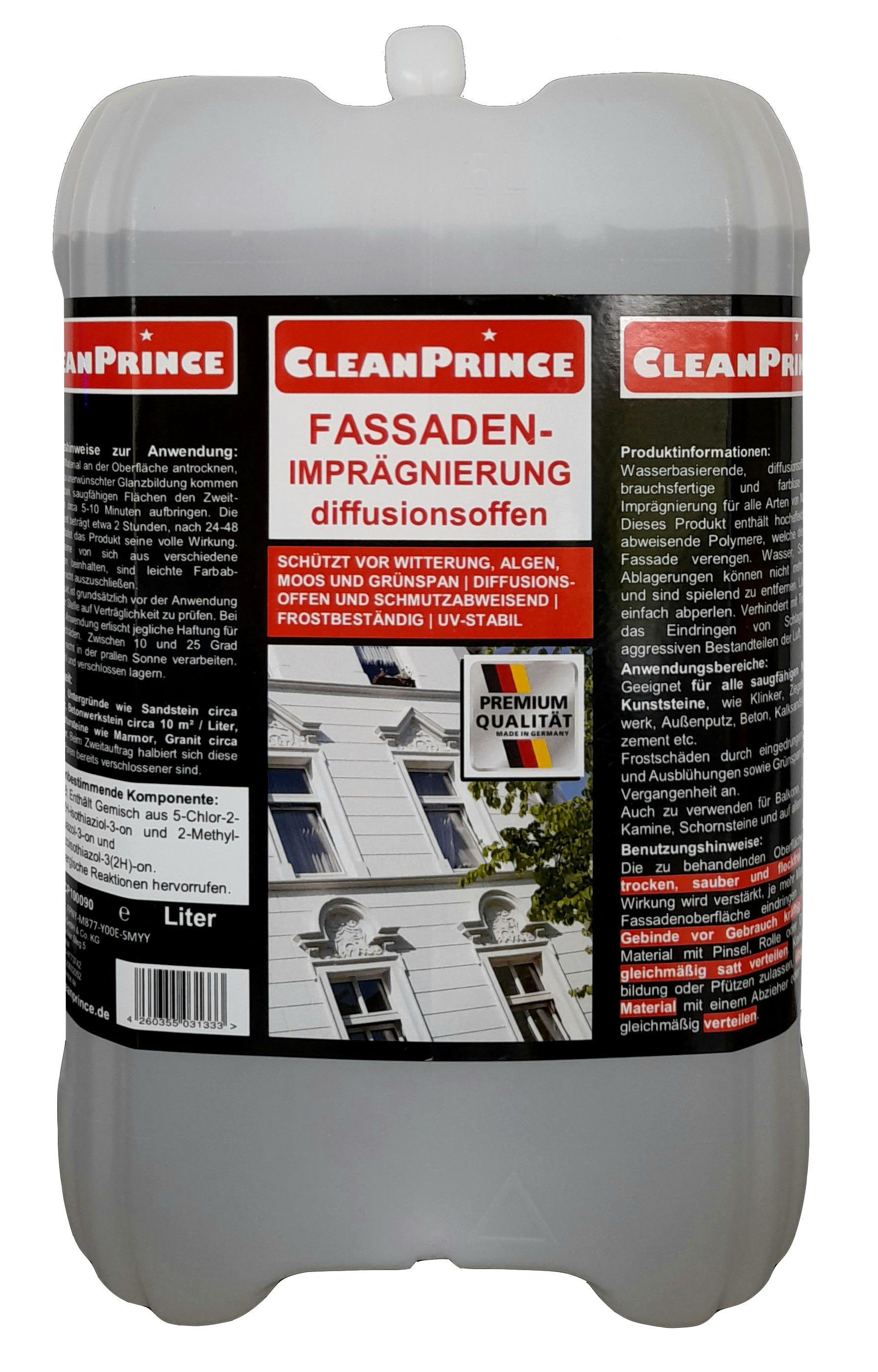 CleanPrince Fassadenimprägnierung, Putz Beton Natur- & Kunststein Zement Mauern Naturstein-Imprägnierung, wasserbasierend, diffusionsoffen, gebrauchsfertig