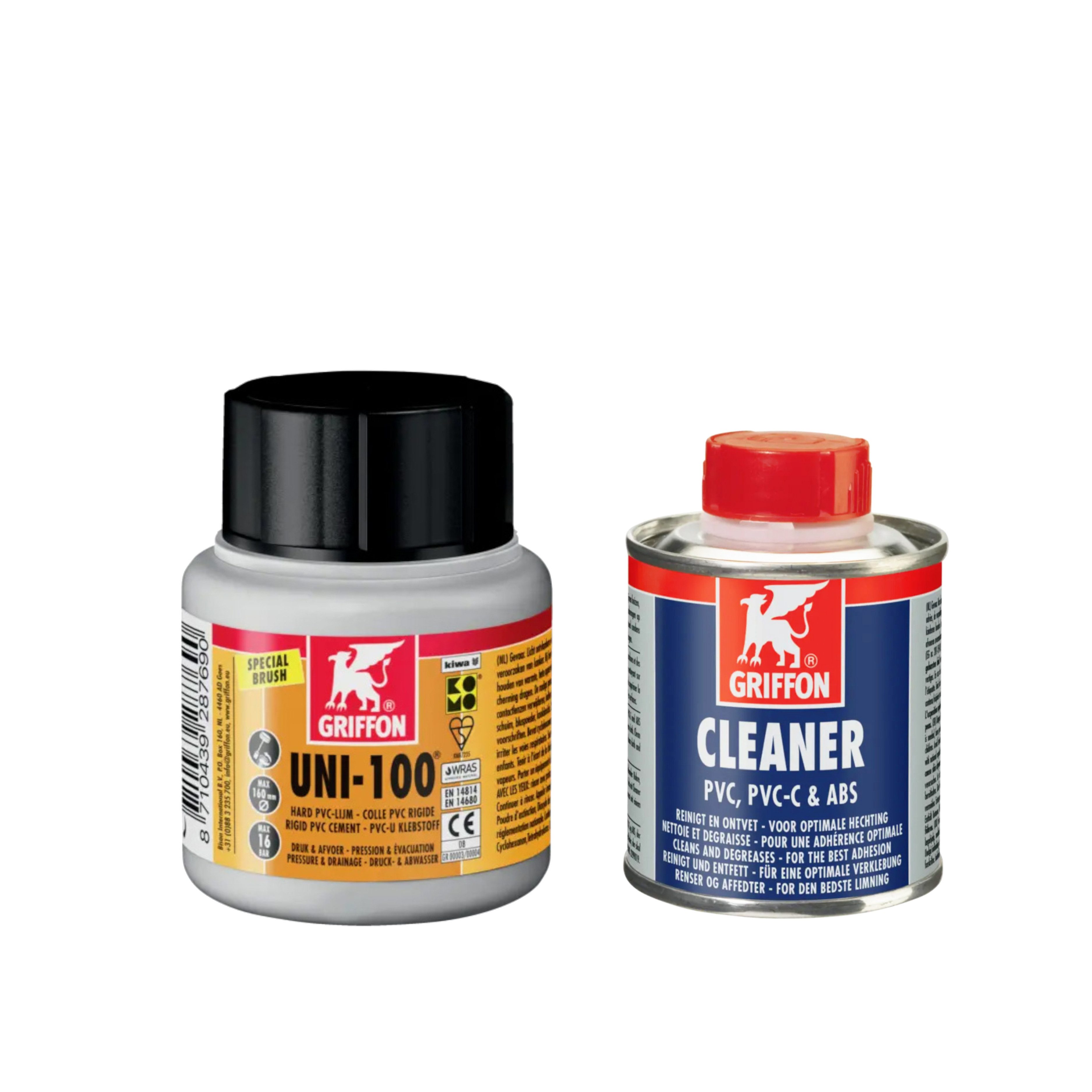 HAF PVC-Kleber Griffon PVC Kleber Uni-100 125ml + Griffon PVC Reiniger 125ml, (Zur Montage von Rohren aus PVC-U), Geeignet für Klebeverbindungen aus PVC