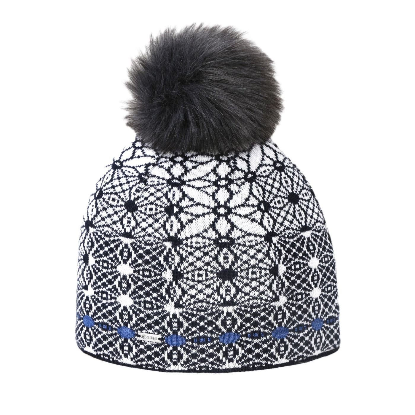 Strickmütze (Bommel) A183 Merino - Damen navyblau/weiss - 1 Stück