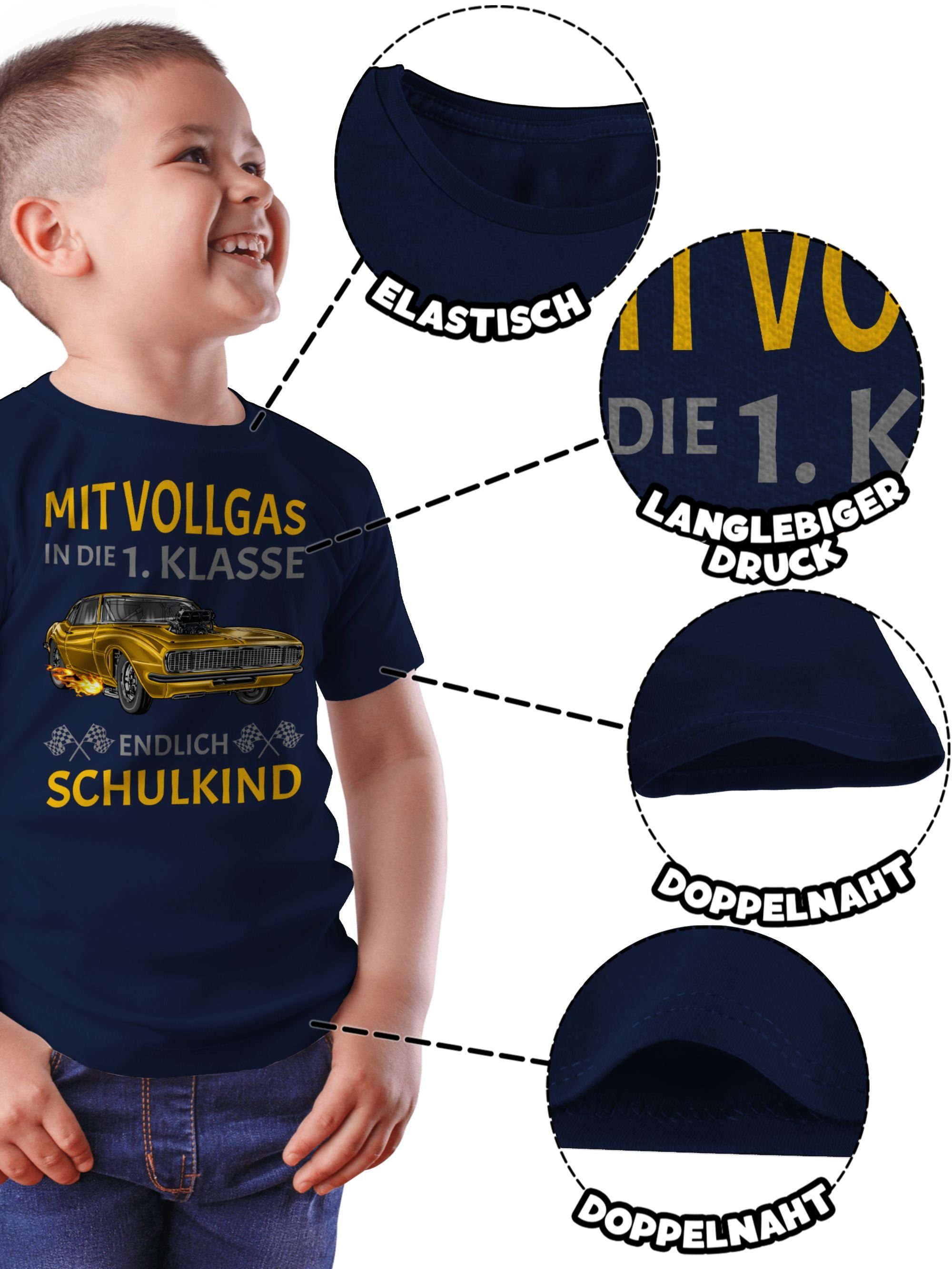 Schulanfang Rennauto Klasse die Geschenke 1. Schulkind 1 Navy Auto in Vollgas T-Shirt Einschulung Endlich - Blau Mit Junge Shirtracer