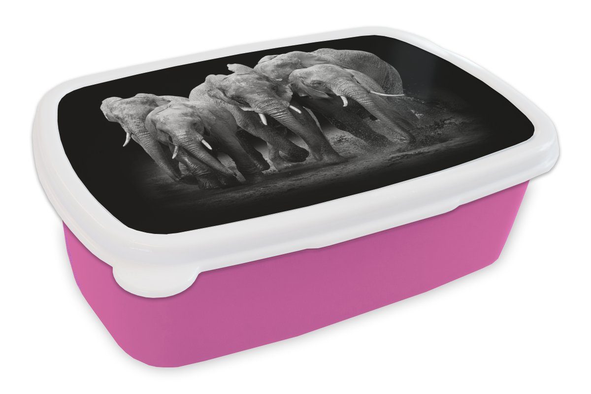 MuchoWow Lunchbox Elefant - Schwarz - Weiß - Tiere, Kunststoff, (2-tlg), Brotbox für Erwachsene, Brotdose Kinder, Snackbox, Mädchen, Kunststoff rosa