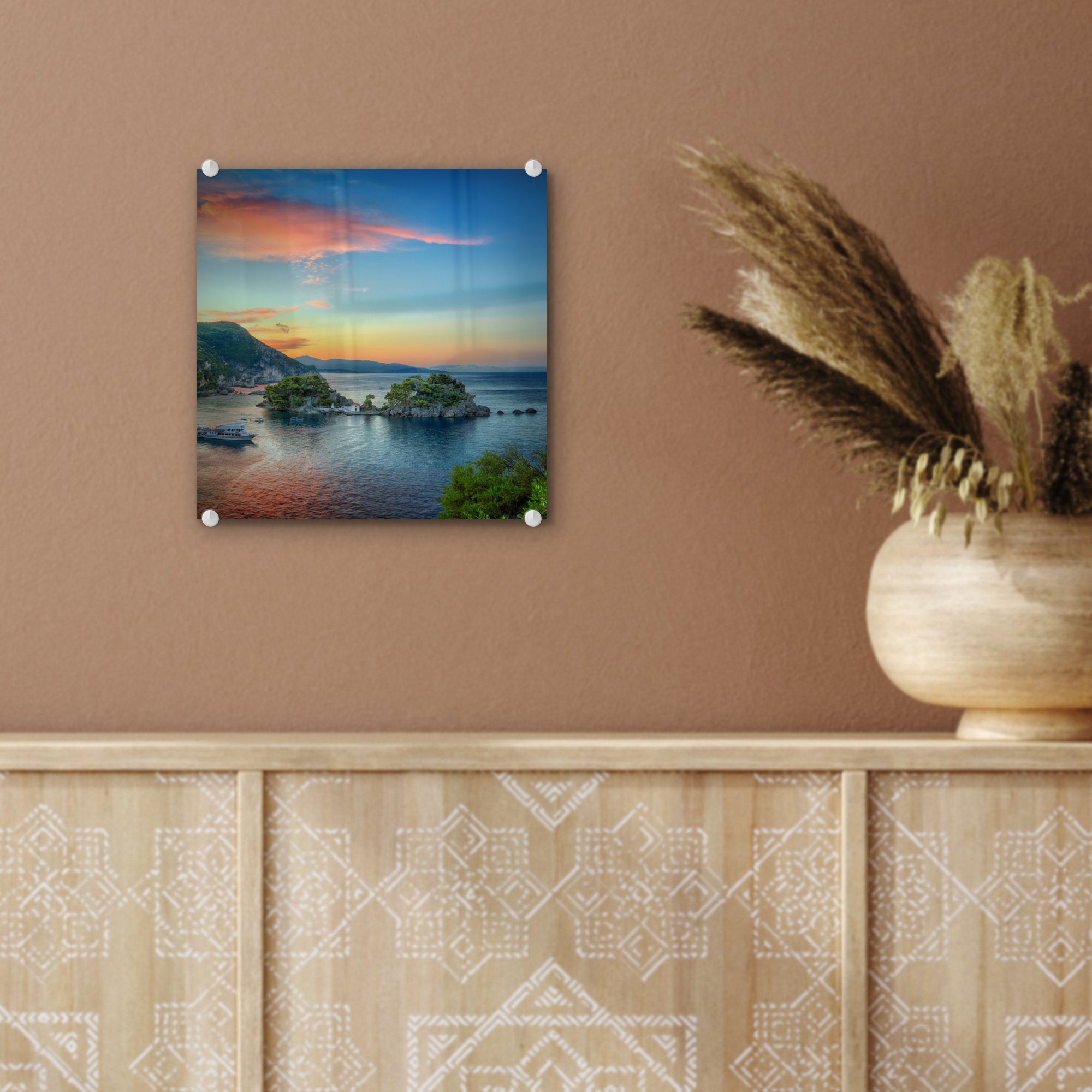 (1 Sonnenaufgang - auf Insel Acrylglasbild Bilder - auf Wandbild Parga, Glas in Glas Foto einer MuchoWow Wanddekoration Glasbilder auf - St),