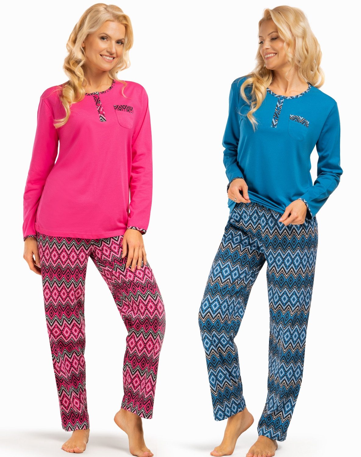 Consult-Tex Pyjama Damen 2er Pack Langarm Pyjama Schlafanzug mit Knopfleiste,Baumwolle (Spar-Set, 2 Stück) aus reiner Baumwolle-Jerse Qualität