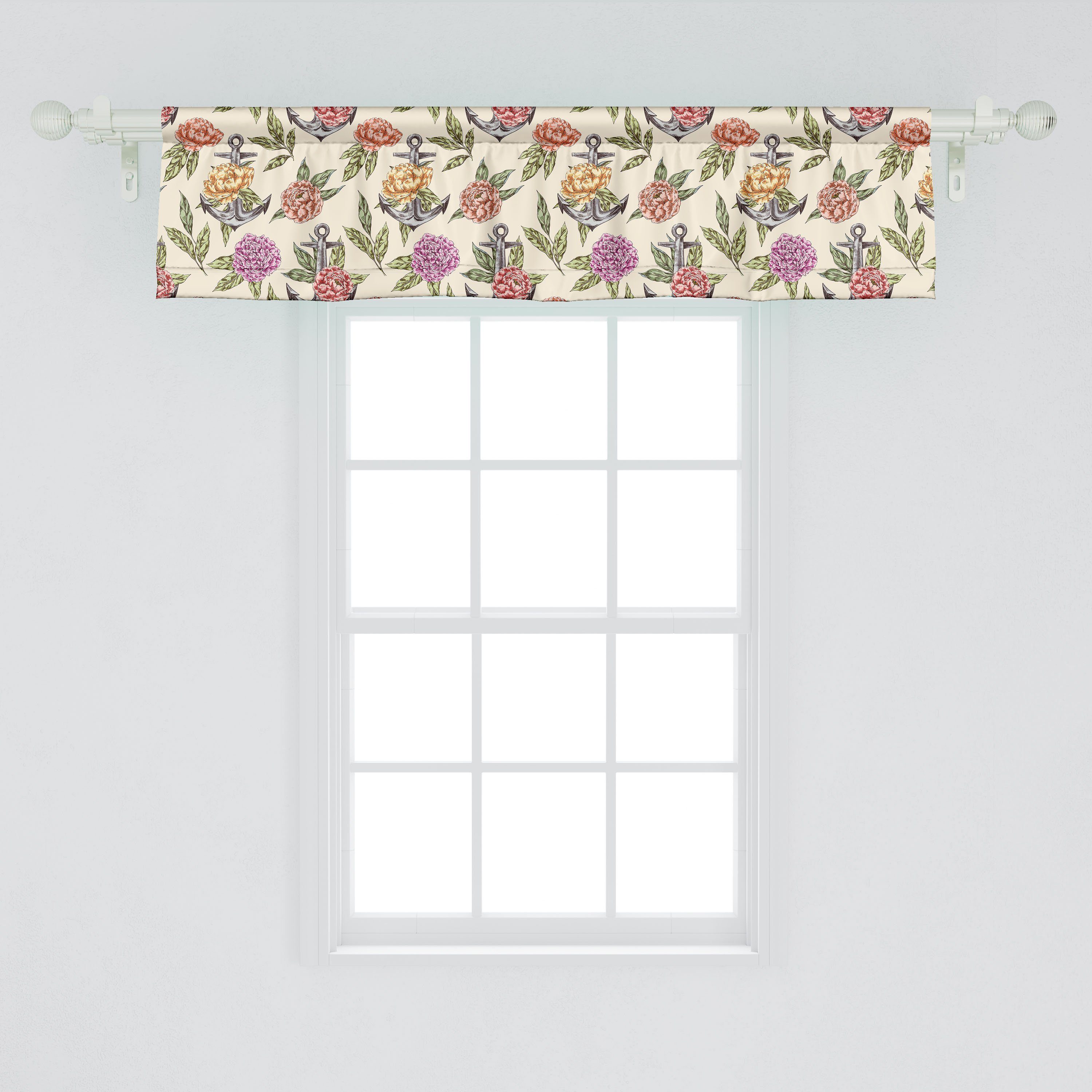 Scheibengardine Volant Schlafzimmer Küche Vorhang Blumen Abakuhaus, für Stangentasche, Vintage Dekor mit Microfaser, Blumen-und Anker