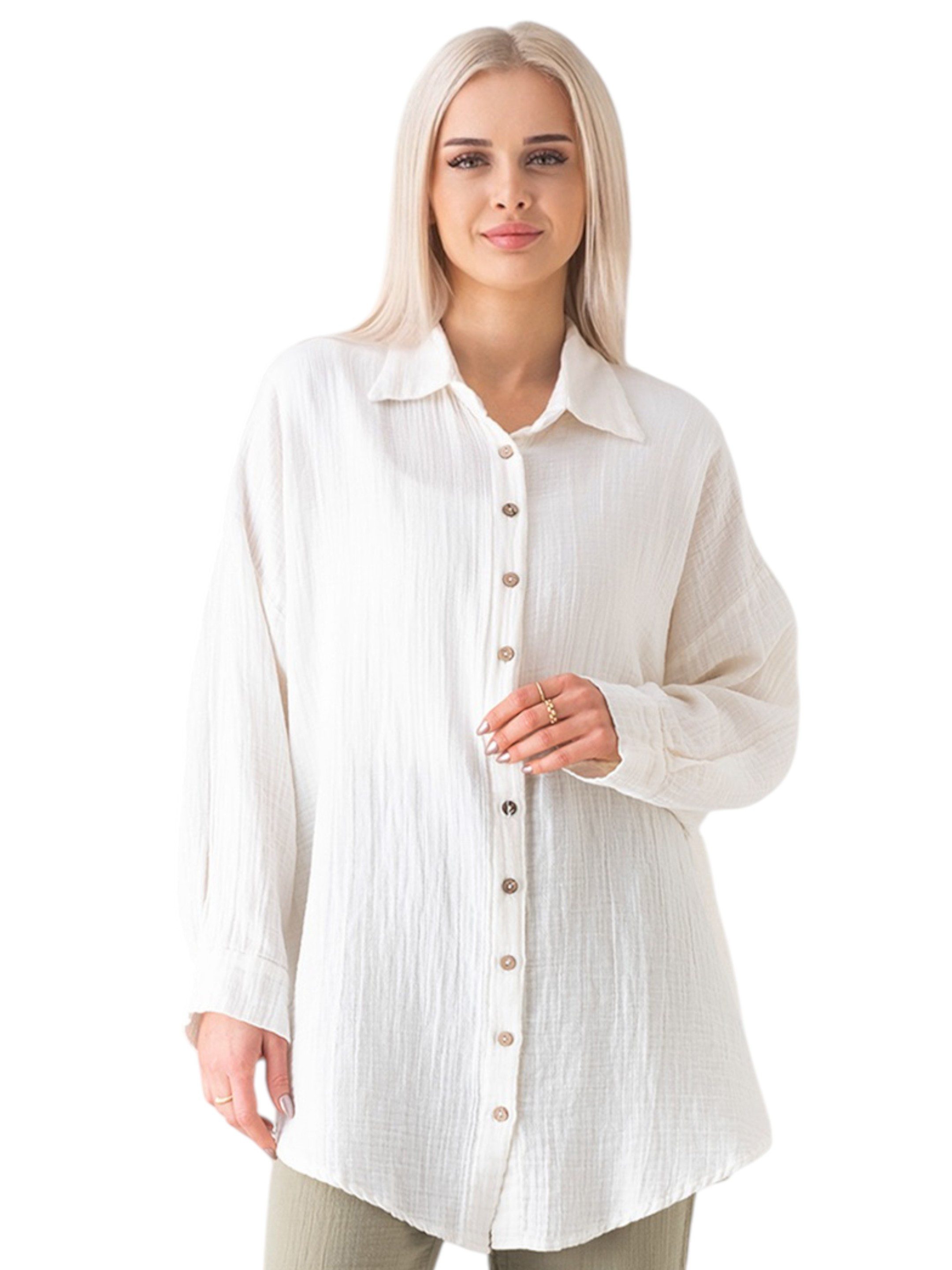 WENOR Hemdbluse Oversize Musselin Hemd 100 % Baumwolle, Kokosknöpfe, Einheitsgröße