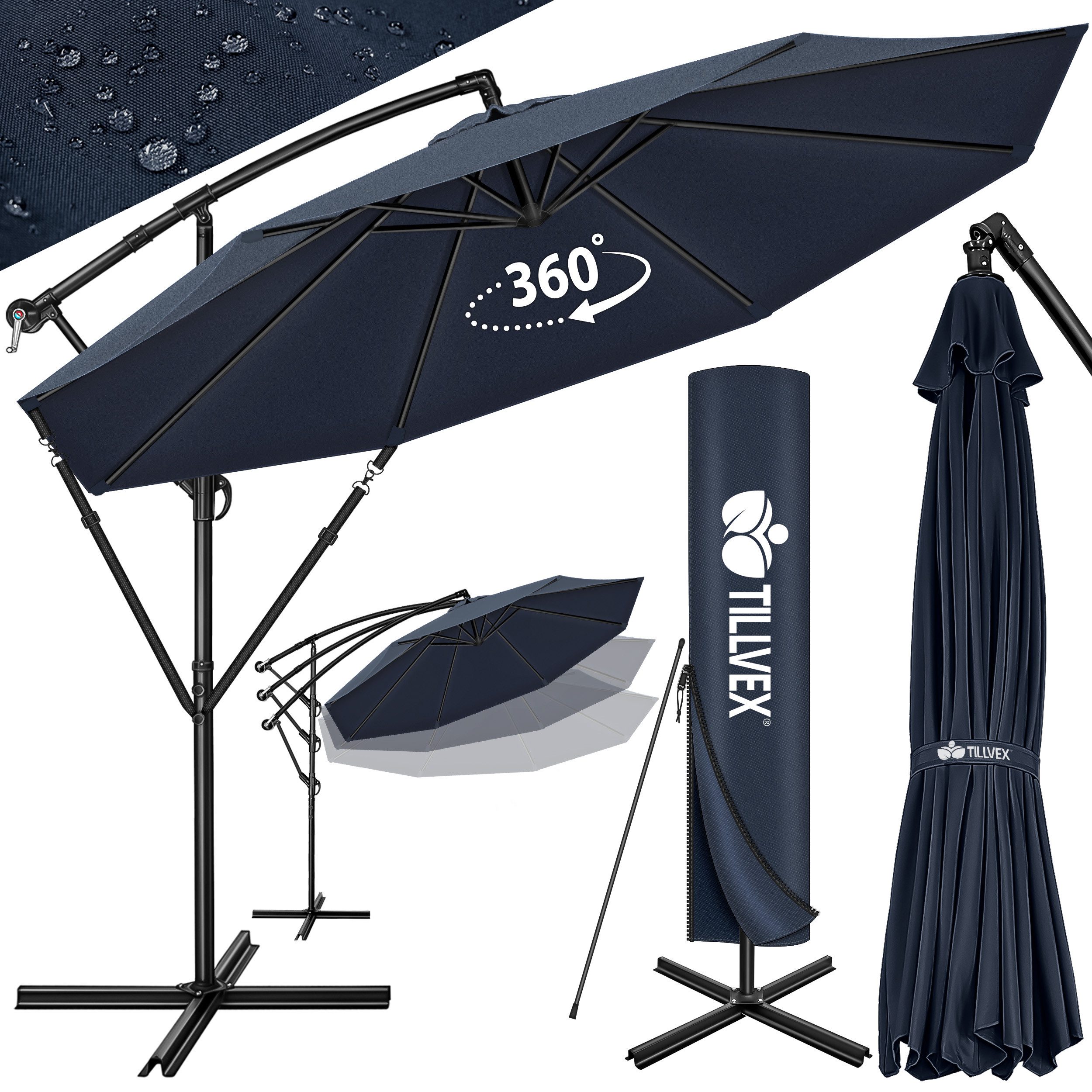 Sonnenschirm 300 cm Kurbel Ampelschirm mit Ständer, Abdeckung & Windsicherung