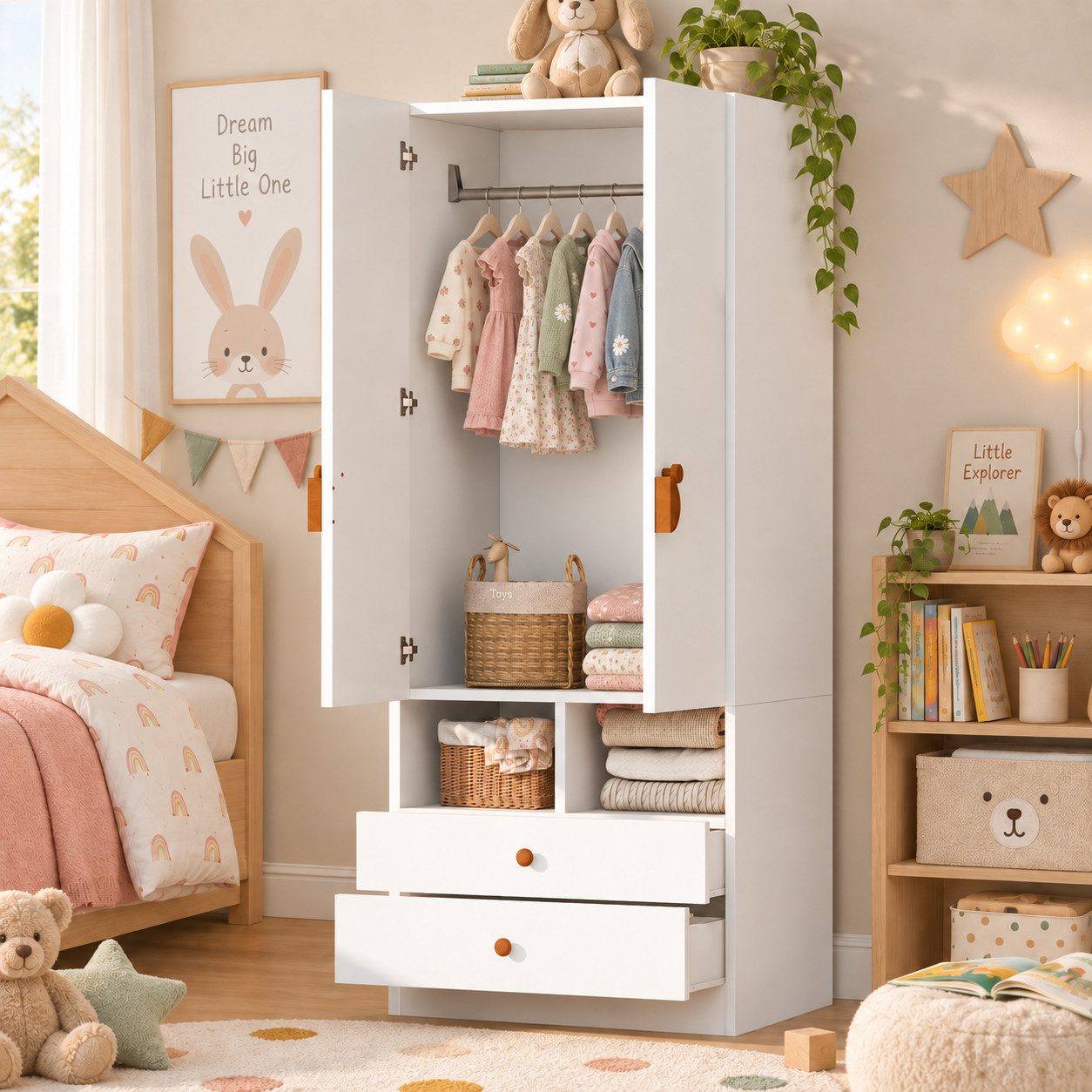 Yorbay Kinderkleiderschrank Kinderschrank 170cm mit 2 Schubladen 2 Fächern Kleiderstange Mehr Ordnung im Kinderzimmer für Kleidung Schuhe Spielzeug und Alltag