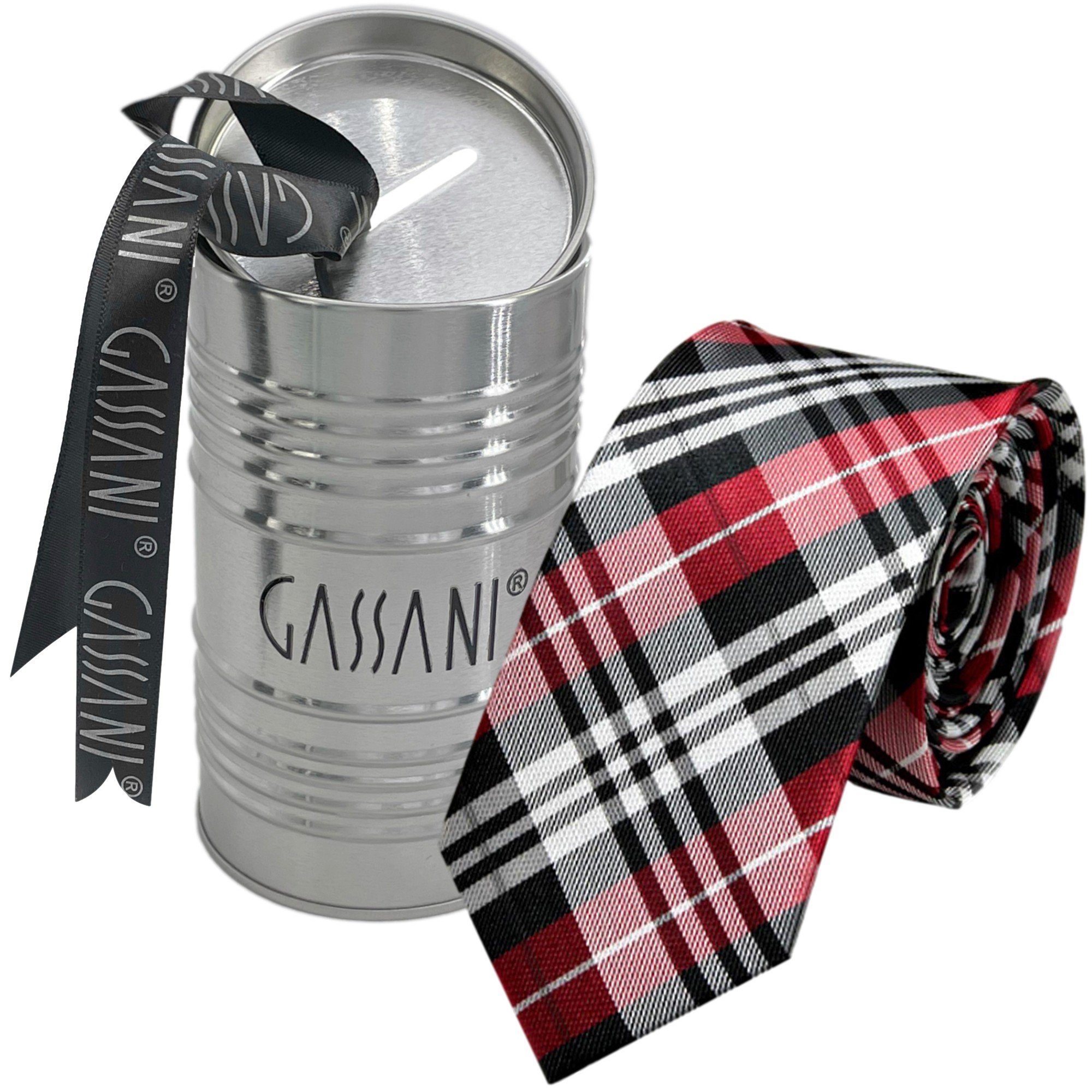 GASSANI Krawatte mit Plaid, Tartan, Retro Kariert Feinen Feuerrot Schwarz Streifen, Anzug inkl Herren-Schlips zum Silber-Grau Karomuster, (Set, Geschenk-Box Schmal Geschenkverpackung) In Hell-Grau Binder, Seide-Touch Sakko Hell-Rot Lichtgrau Blech-Spardose, Dose Slim Männer Glencheck-Design, Schotten-Karo, 2-St., Reinrot Karo Businesskrawatte