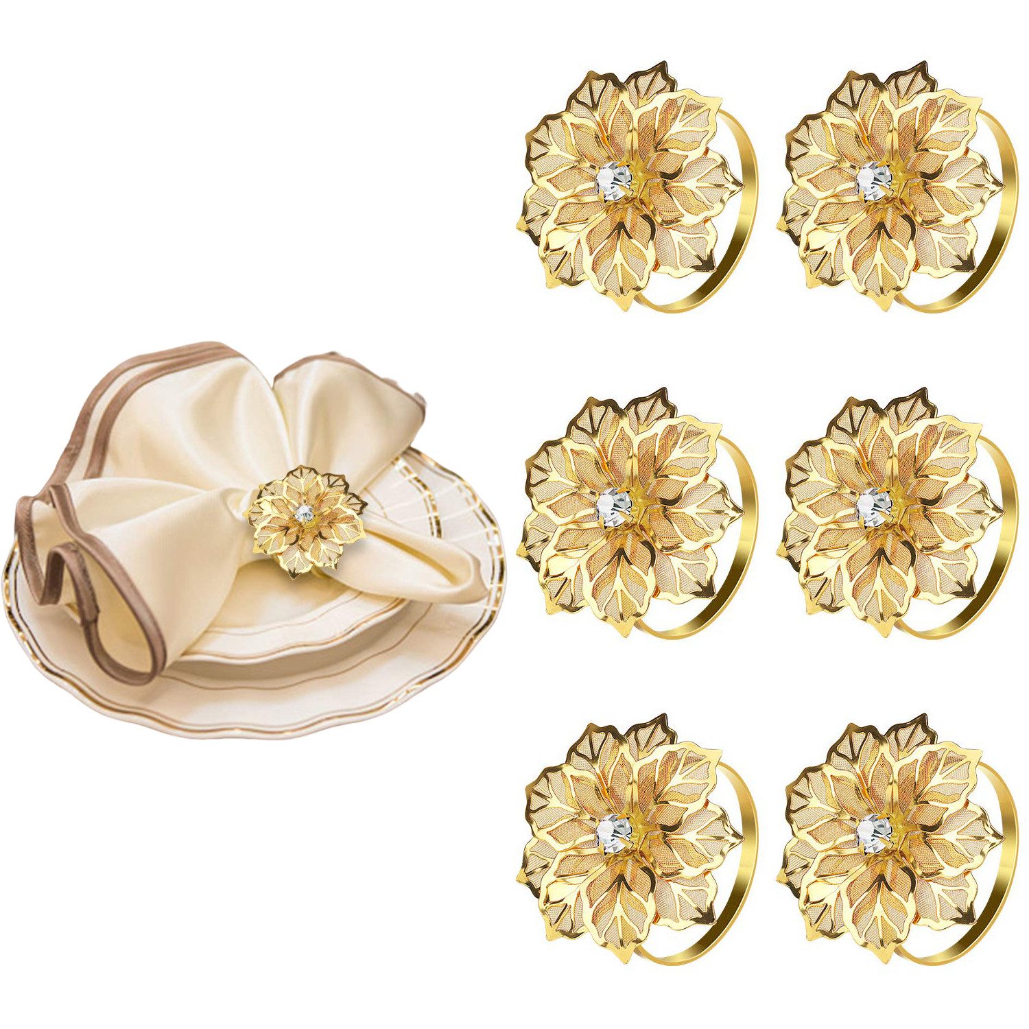 Coonoor Serviettenring 6-teiliges Set florale Serviettenringe, ausgehöhlte Serviettenringe, metallene Serviettenhalter, für Weihnachtsessen, Hochzeiten