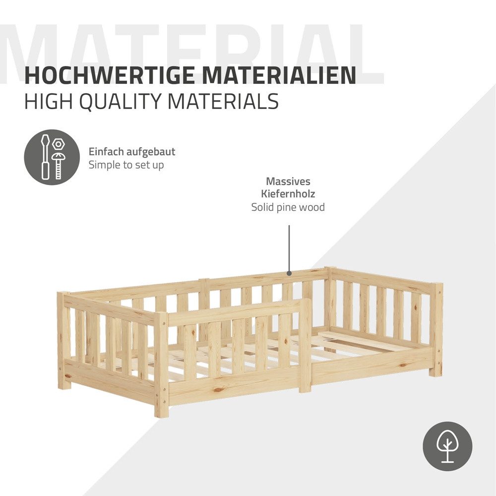 ML-DESIGN Spielbett Bodenbett Holzbett mit Lattenrost & Rausfallschutz Jugendbett Babybett, Abenteuerbett 70x140cm Natur Kinderbett Bettgestell ohne Matratze – Bild 5 von 5