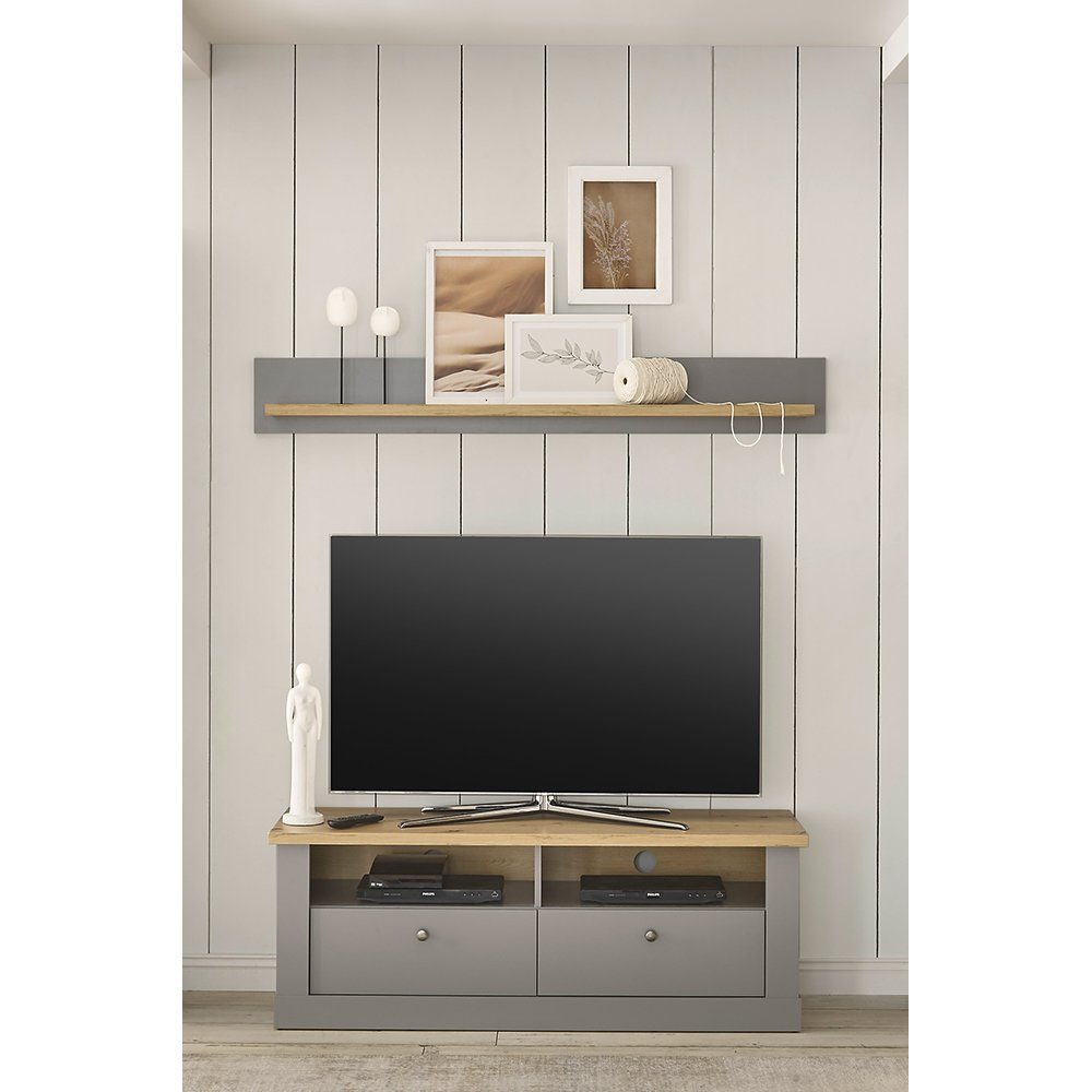 Lomadox TV-Wand CHATHAM-61, (2-tlg), Wohnzimmer TV Möbel Set in grau mit Artisan Eiche Nb., 150/160/44 cm