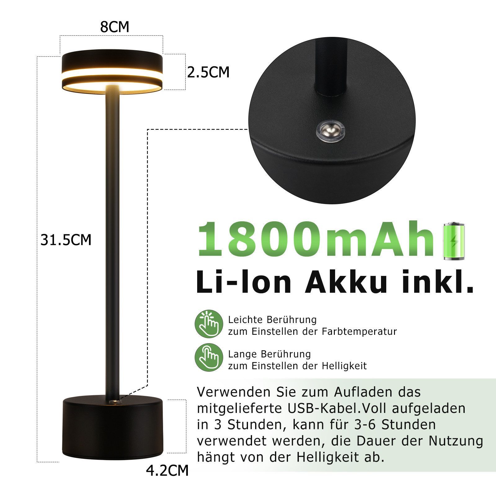 Nettlife LED Tischleuchte Kabellos Akku Aufladbar Nachttischlampe Dimmbar USB C Touch Lampe, Touch Dimmbar, LED fest integriert, Modern Tischlampe für Schlafzim – Bild 4 von 5