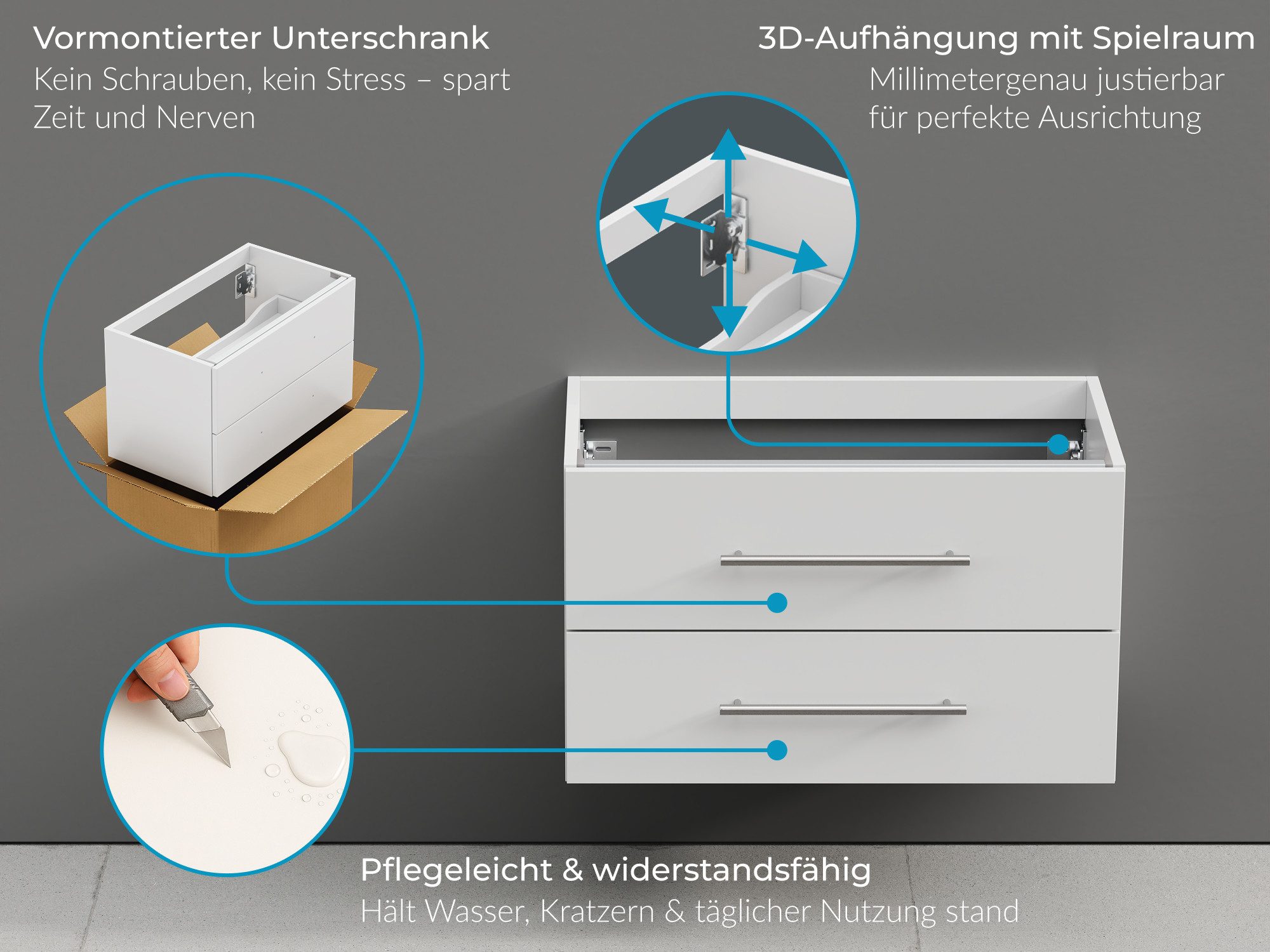 Aqua Bagno Badmöbel-Set Badmöbel-Set 80 cm in Weiß Hochglanz mit Eicheplatte & Aufsatzbecken, (5-St., Badmöbelschrank mit Trägerplatte, Waschbecken), einfache Montage