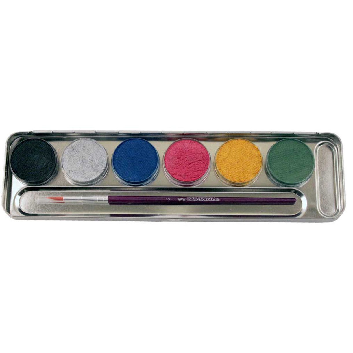Eulenspiegel Theater Schminkpalette Profi Aqua Perlglanz Metall-Palette mit 6 Farben und Profi Pinsel (1-tlg), Made in Germany, dermatologisch getestet