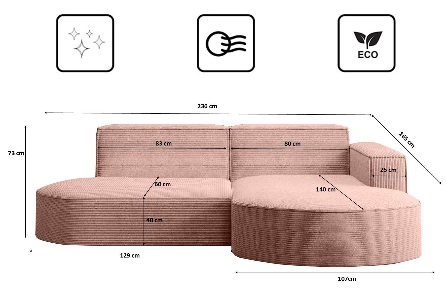 Kaiser Möbel Ecksofa Designer MODENA STUDIO L stoff Cord, Ecksofa, Cord Sofa, L-Form, Links/Rechts wählbar