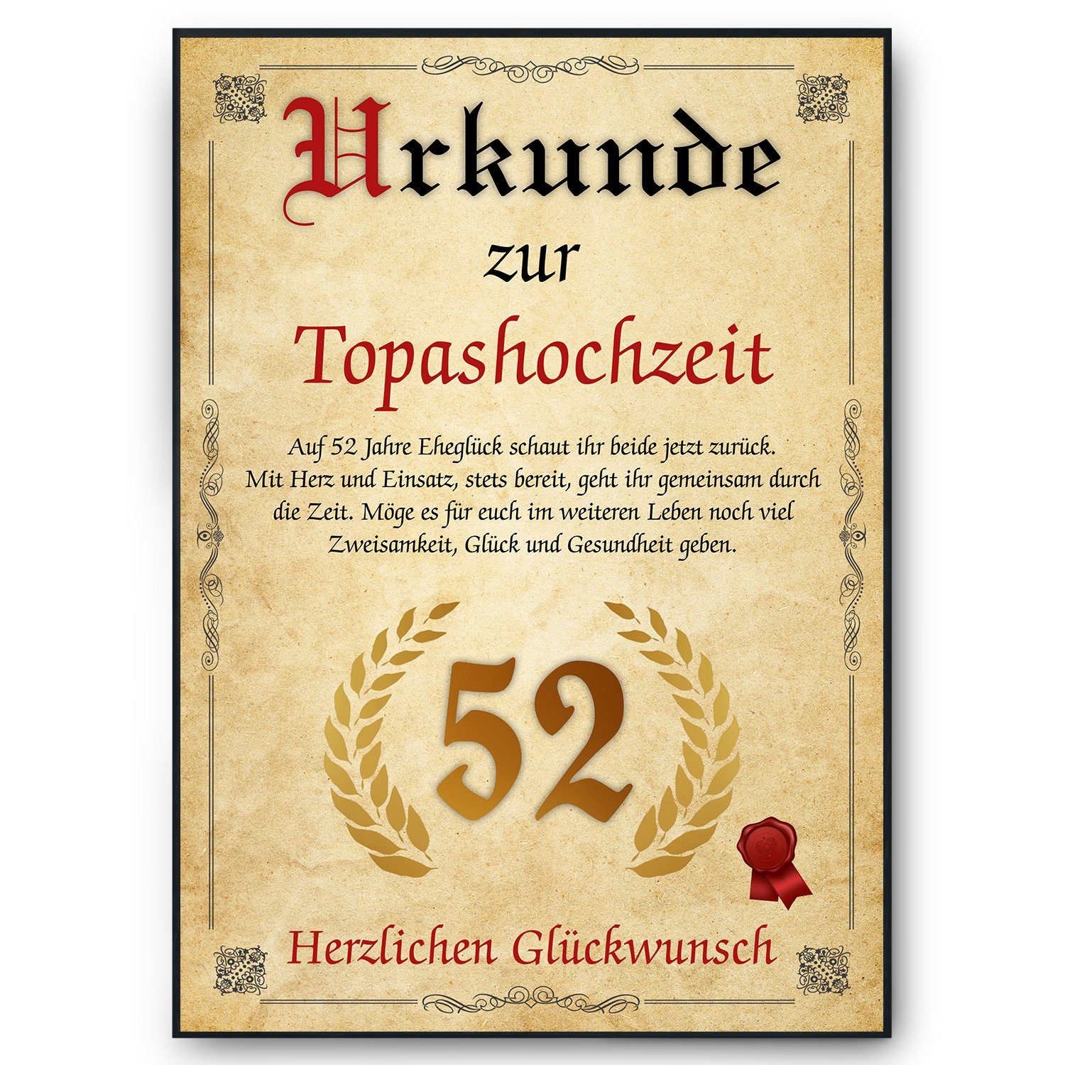 Tigerlino Poster Urkunde zum 52. Hochzeitstag Geschenk 52. Jahrestag Karte Ehepaar, Topashochzeit