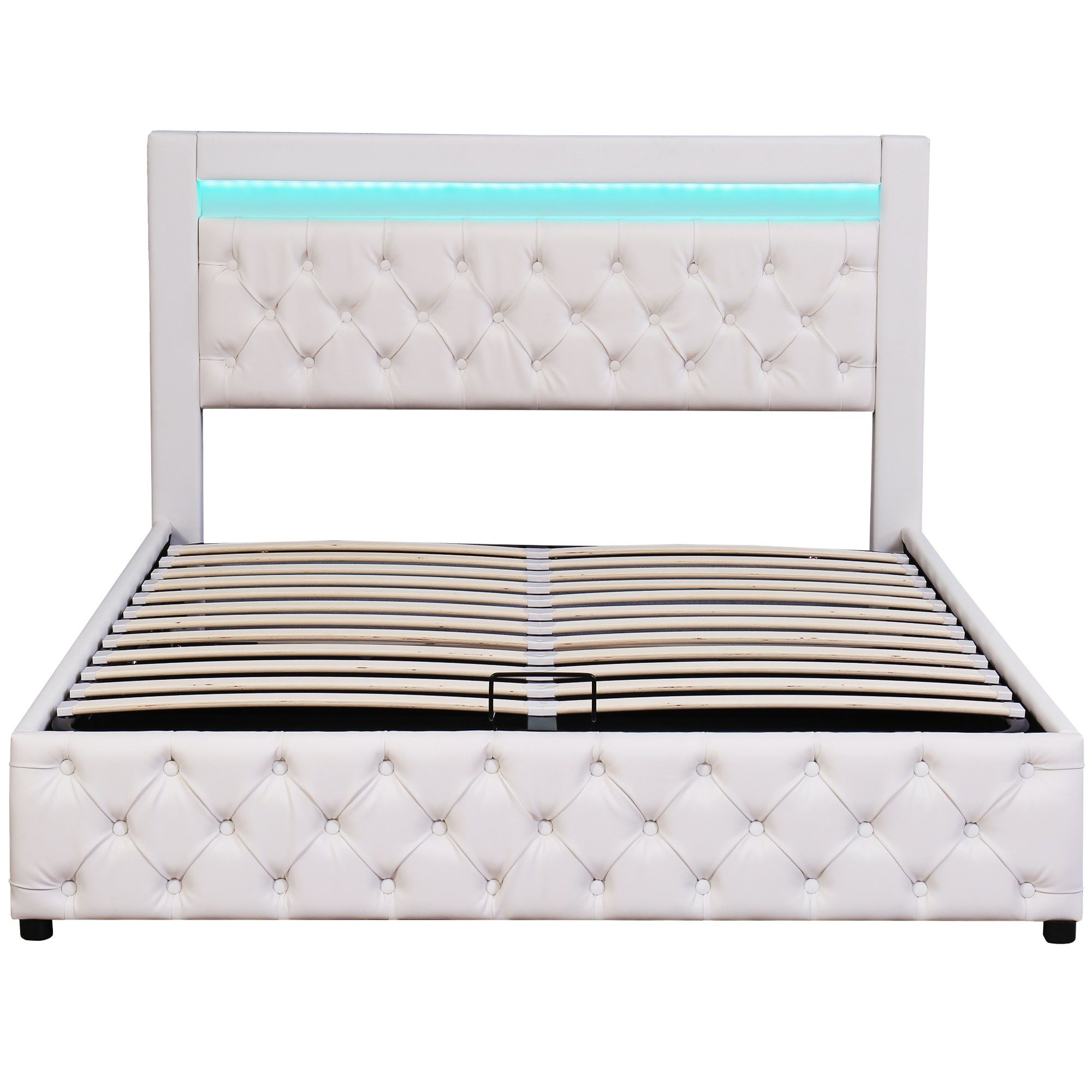 Boxspringbett (Hydraulisches Bett 140x200cm mit Bettkasten), Polsterbett mit LED-Beleuchtung, Kunstleder, weiches Kopfteil