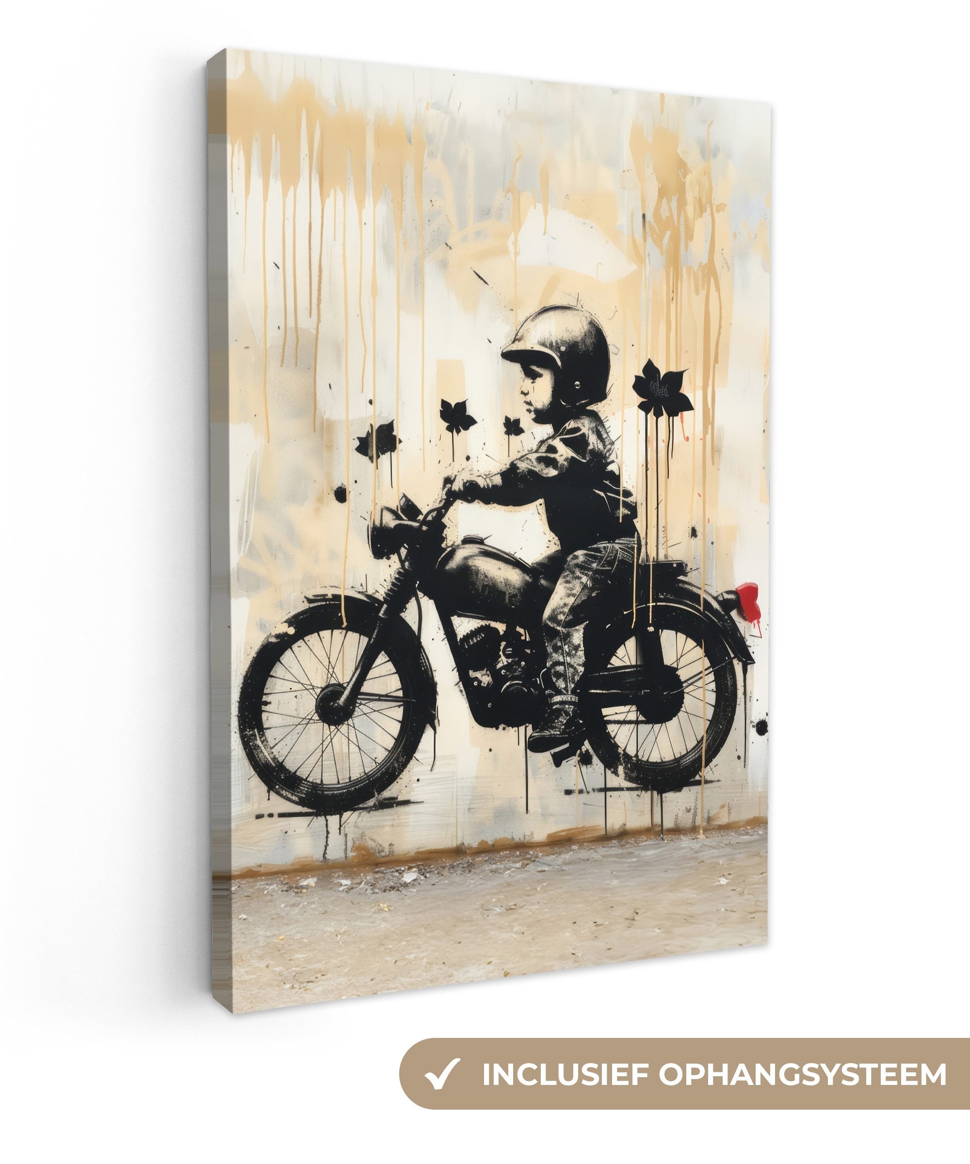 OneMillionCanvasses® Leinwandbild Straßenkunst - Motorrad - Junge - Graffiti - Banksy-Stil, Fotodruck (1 St), Deko für Wohnzimmer Schlafzimmer Küchen 40x60 cm