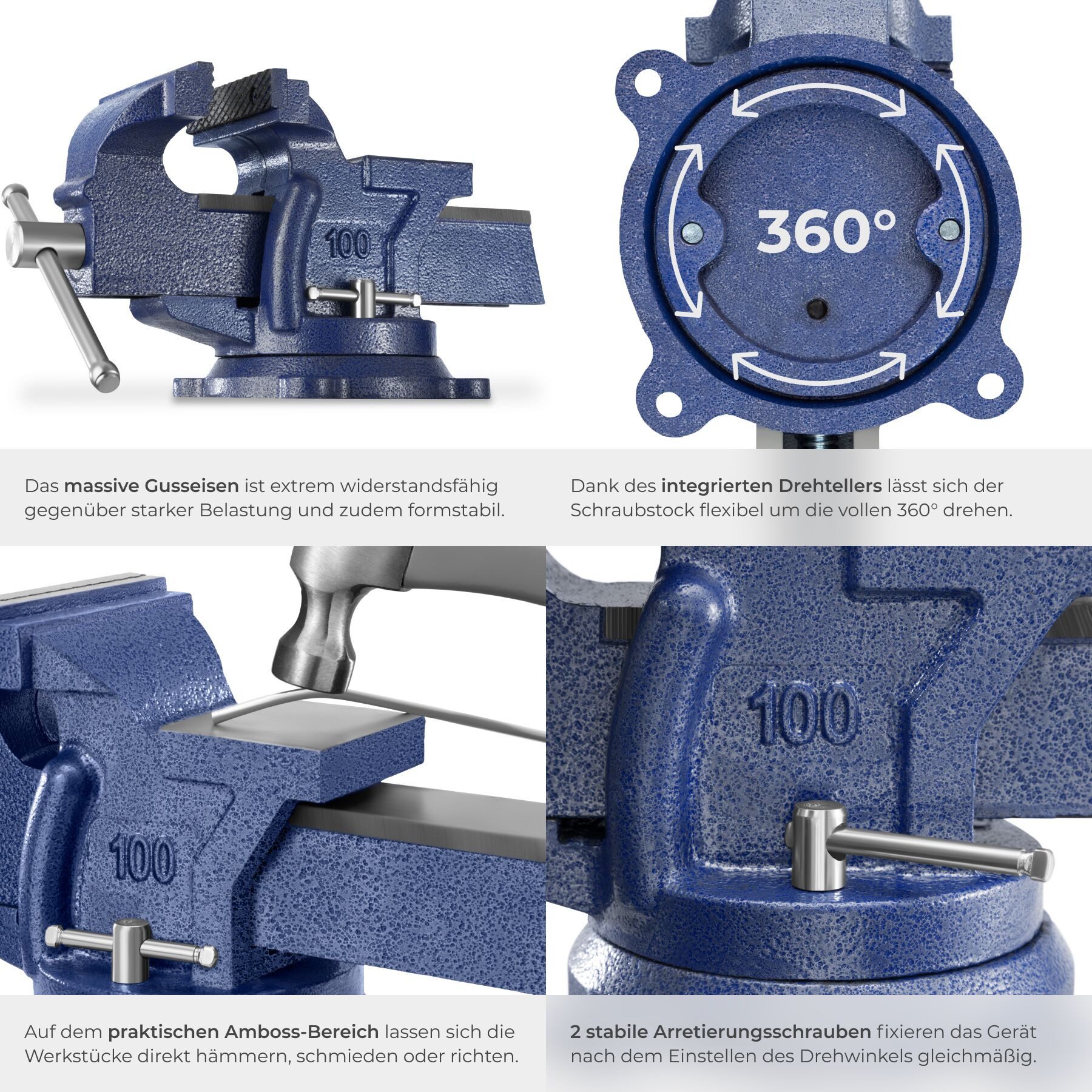 tectake Schraubstock Spannstock aus Gusseisen mit Amboss, 360° drehbar, 3 Anschraublöcher, Werkbankspanner, in blau, 2 Arretierungsschrauben und austauschbare S – Bild 5 von 5