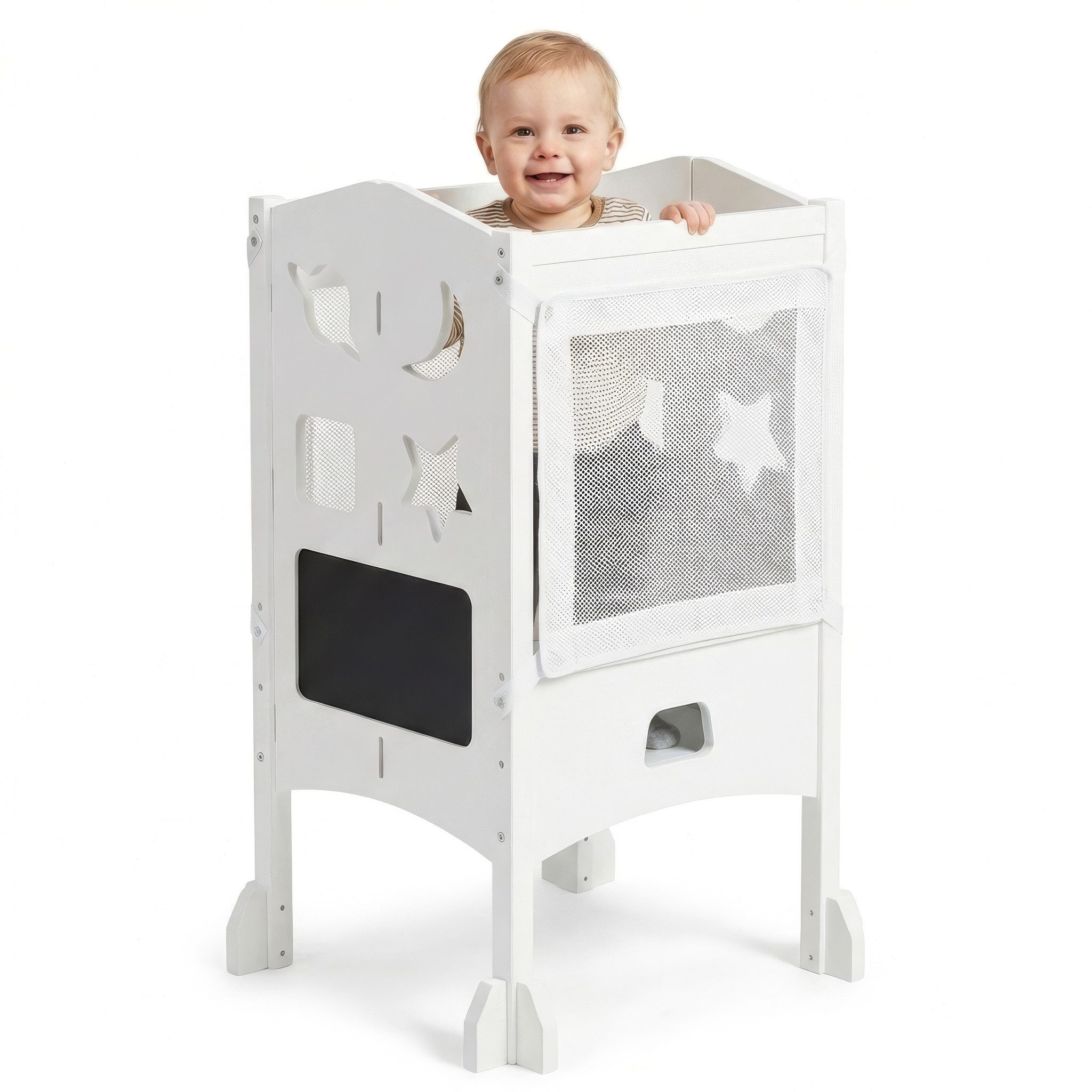 BabyBeFun Stehhilfe Lernturm ab 1 Jahr - [Extra Sicher] klappbar inkl. Sicherheitsnetz, 360° Schutz durch Sicherheitsnetz, Klappbar, Extra Sicher und Stabil